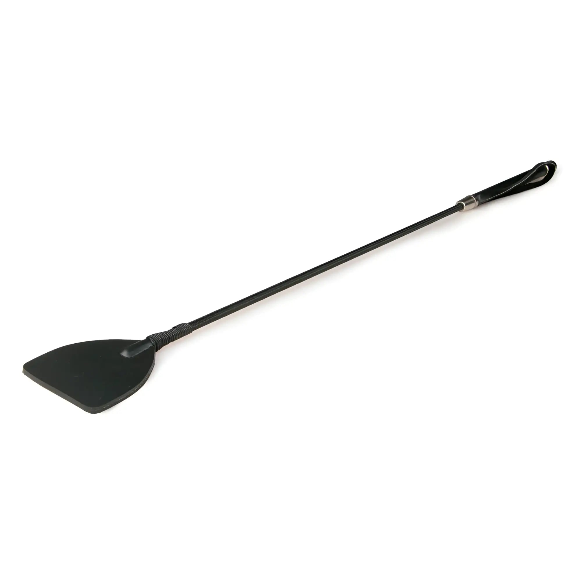 Black leather wide crop whip with a sleek curved head and braided handle from Fetish Collection in black