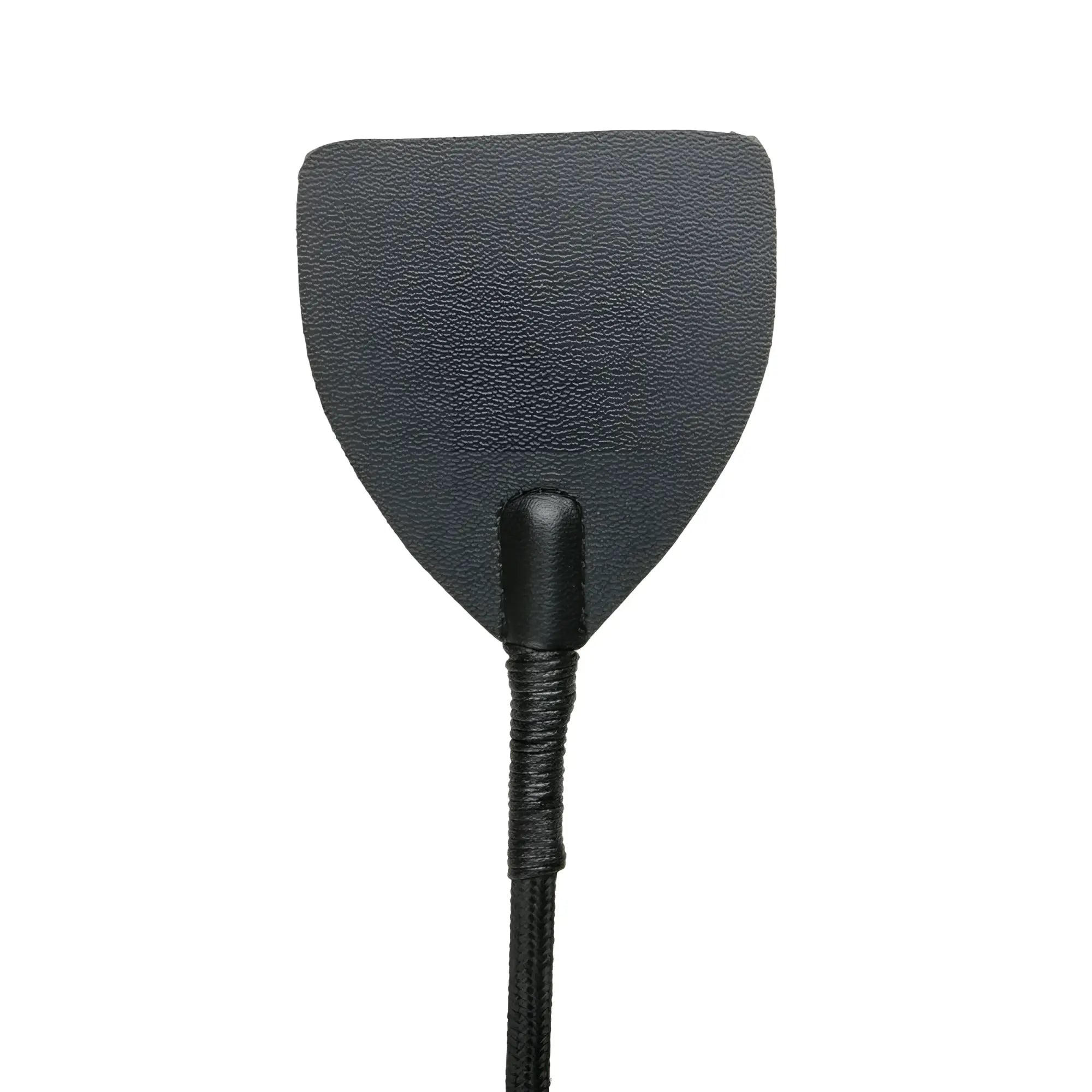 Black leather wide crop whip from fetish collection with textured shield-shaped head and braided handle