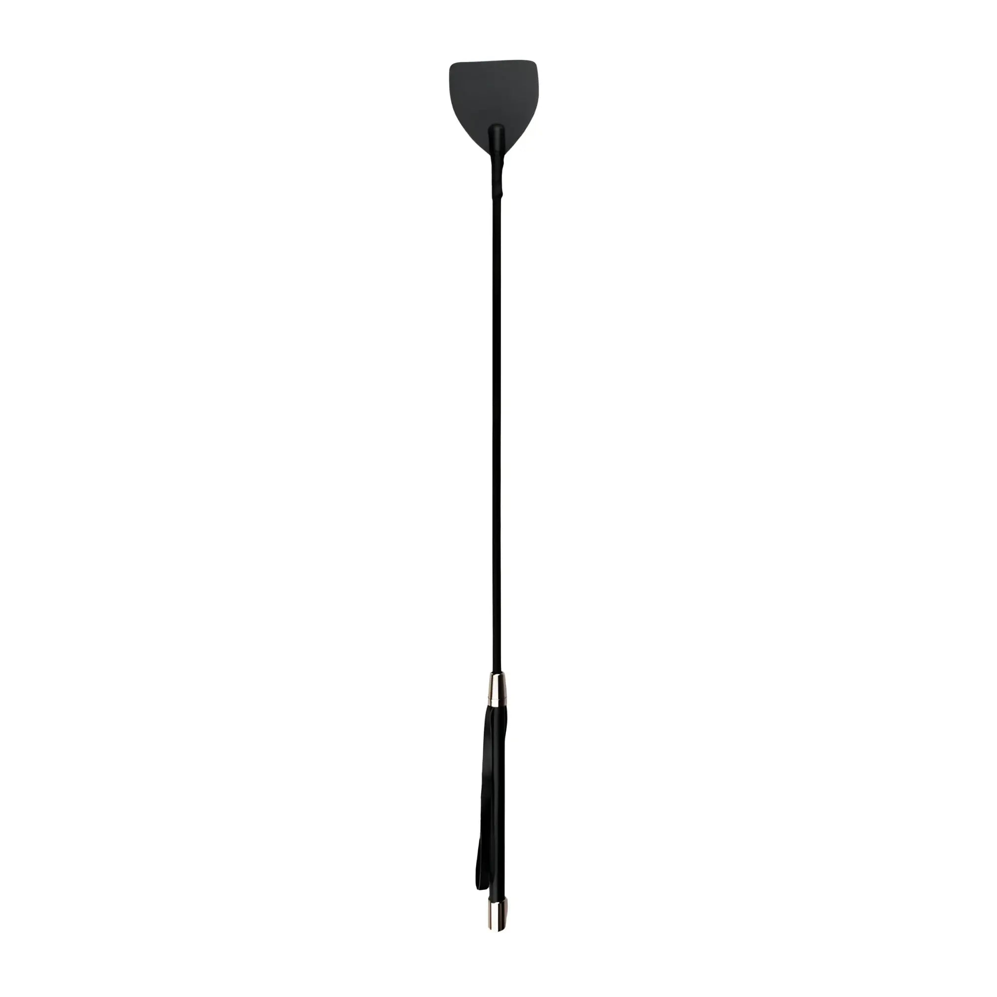 Black leather riding crop with sleek elongated handle and polished metal ferrule from fetish collection wide crop whip black