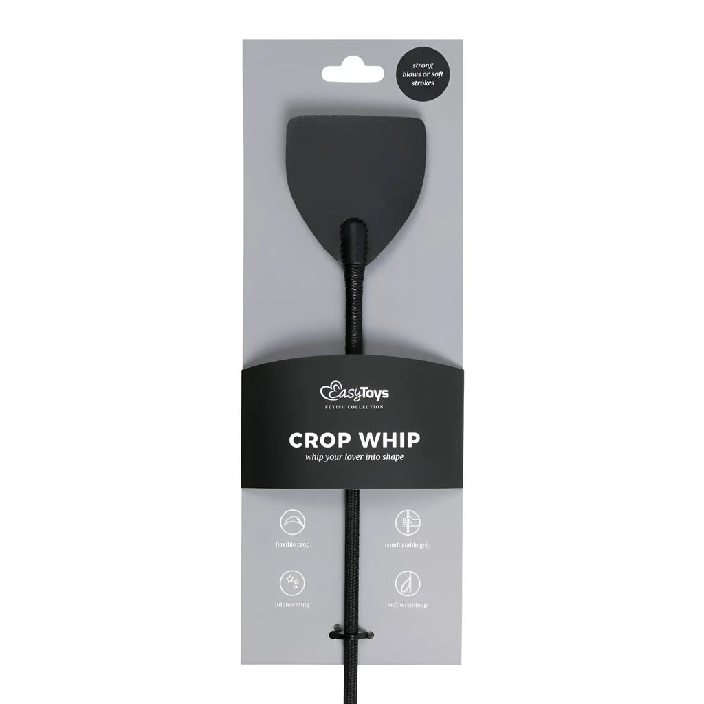 Black wide crop whip with padded head and braided handle in easytoys branded retail card packaging