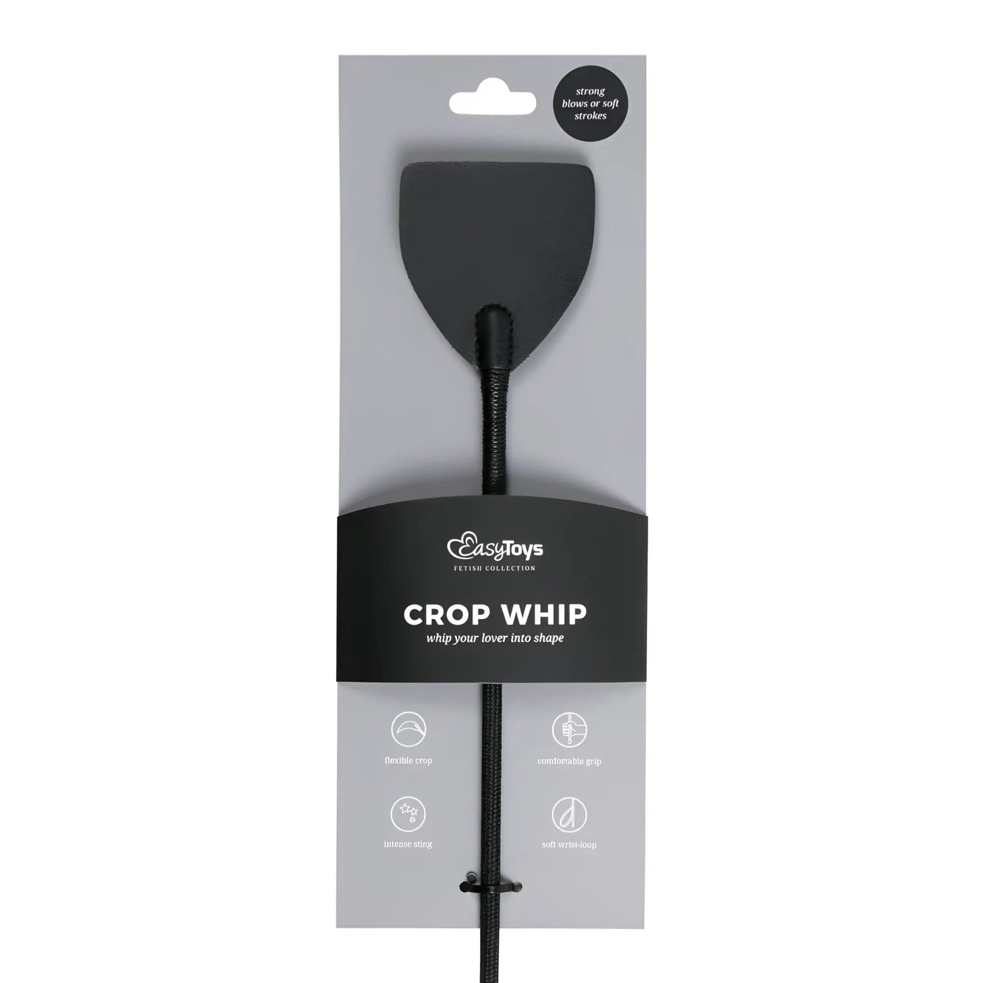 Black wide crop whip with padded head and braided handle in easytoys branded retail card packaging