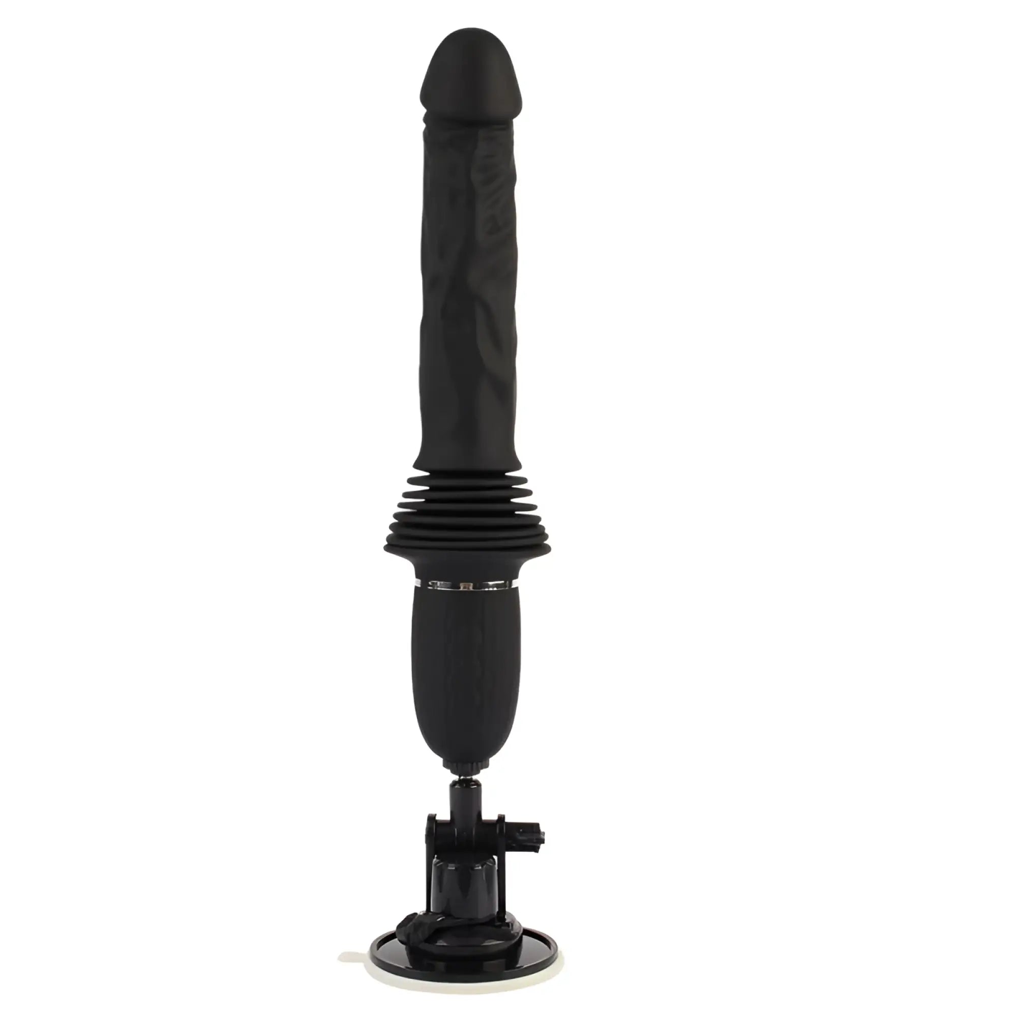 Black silicone dildo with textured shaft and ribbed base mounted on stand for fierce euphoria aeshma mountable remote heating thrust machine