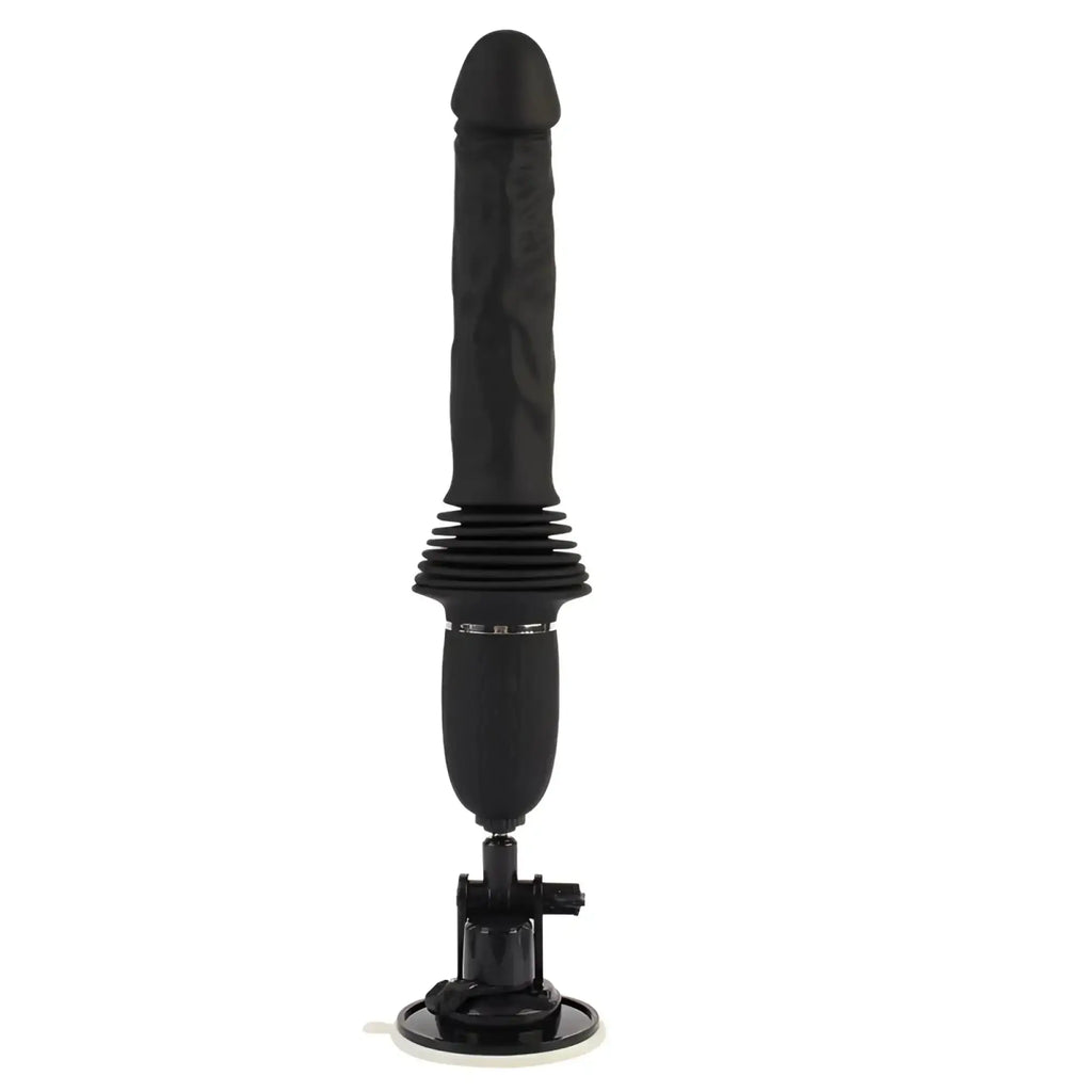 Black silicone dildo with textured shaft and ribbed base mounted on stand for fierce euphoria aeshma mountable