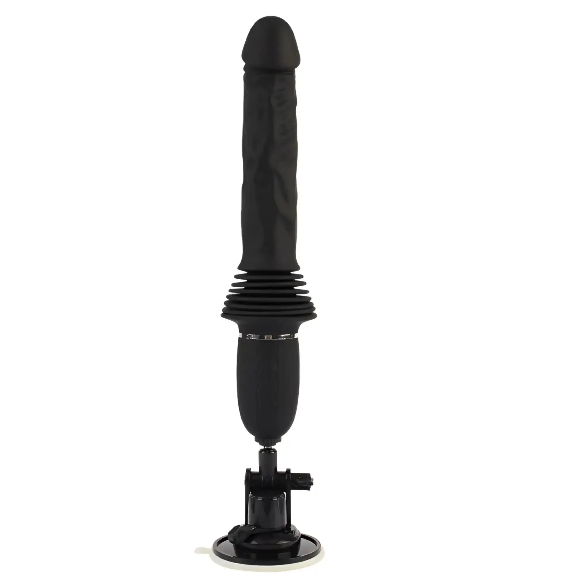 Black silicone dildo with textured shaft and ribbed base mounted on stand for fierce euphoria aeshma mountable
