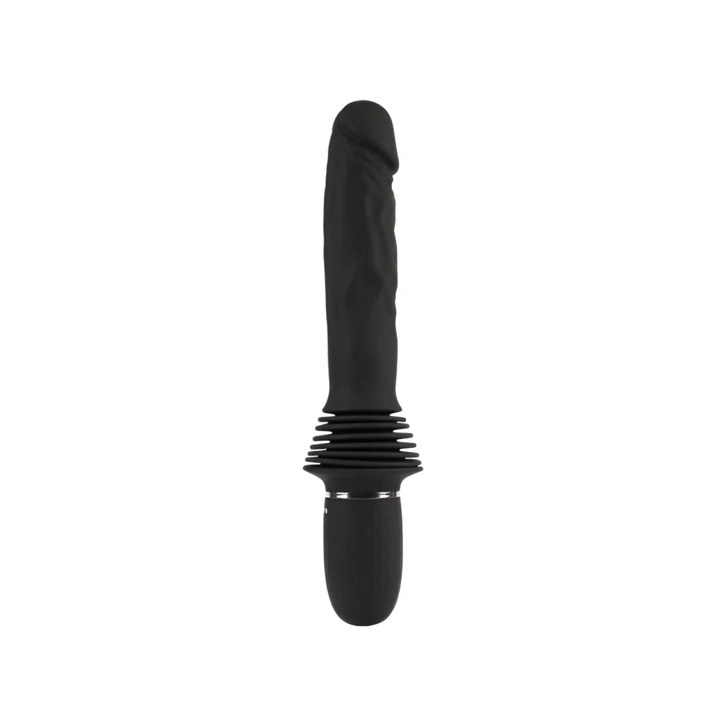 Black silicone vibrating mountable thrust machine with textured grip and metallic accent ring for intense heating pleasure