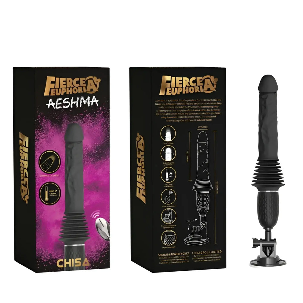 Black textured silicone and metal base fierce euphoria aeshma mountable remote heating thrust machine with ribbed grip