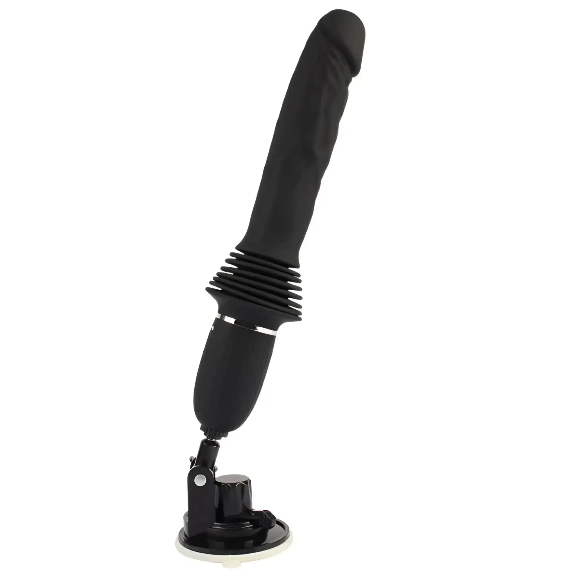 Black silicone dildo with textured grip and suction cup base for fierce euphoria.