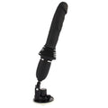 Black silicone dildo with textured grip and suction cup base for fierce euphoria aeshma mountable remote heating thrust machine