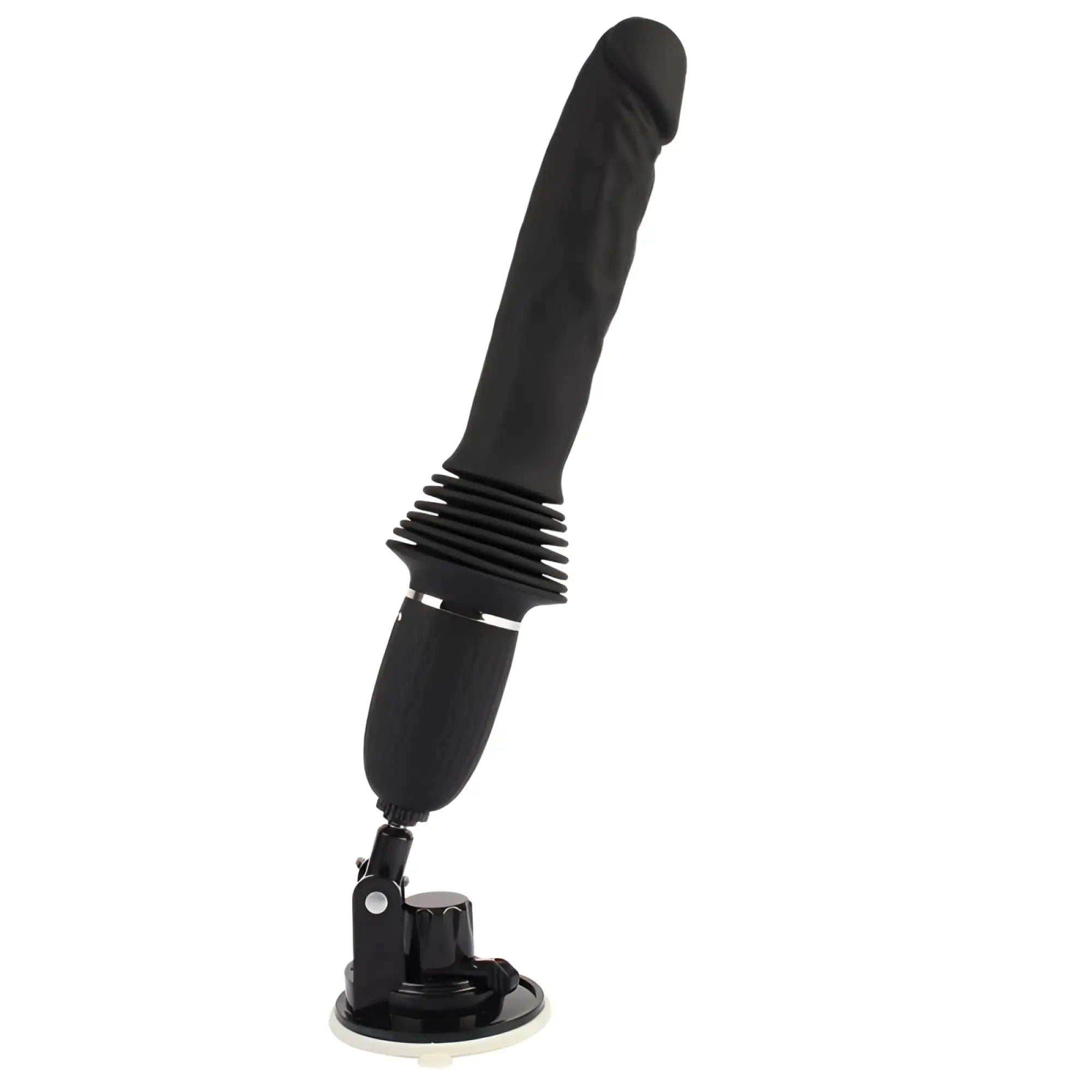 Black silicone dildo with textured grip and suction cup base for fierce euphoria aeshma mountable remote heating thrust machine