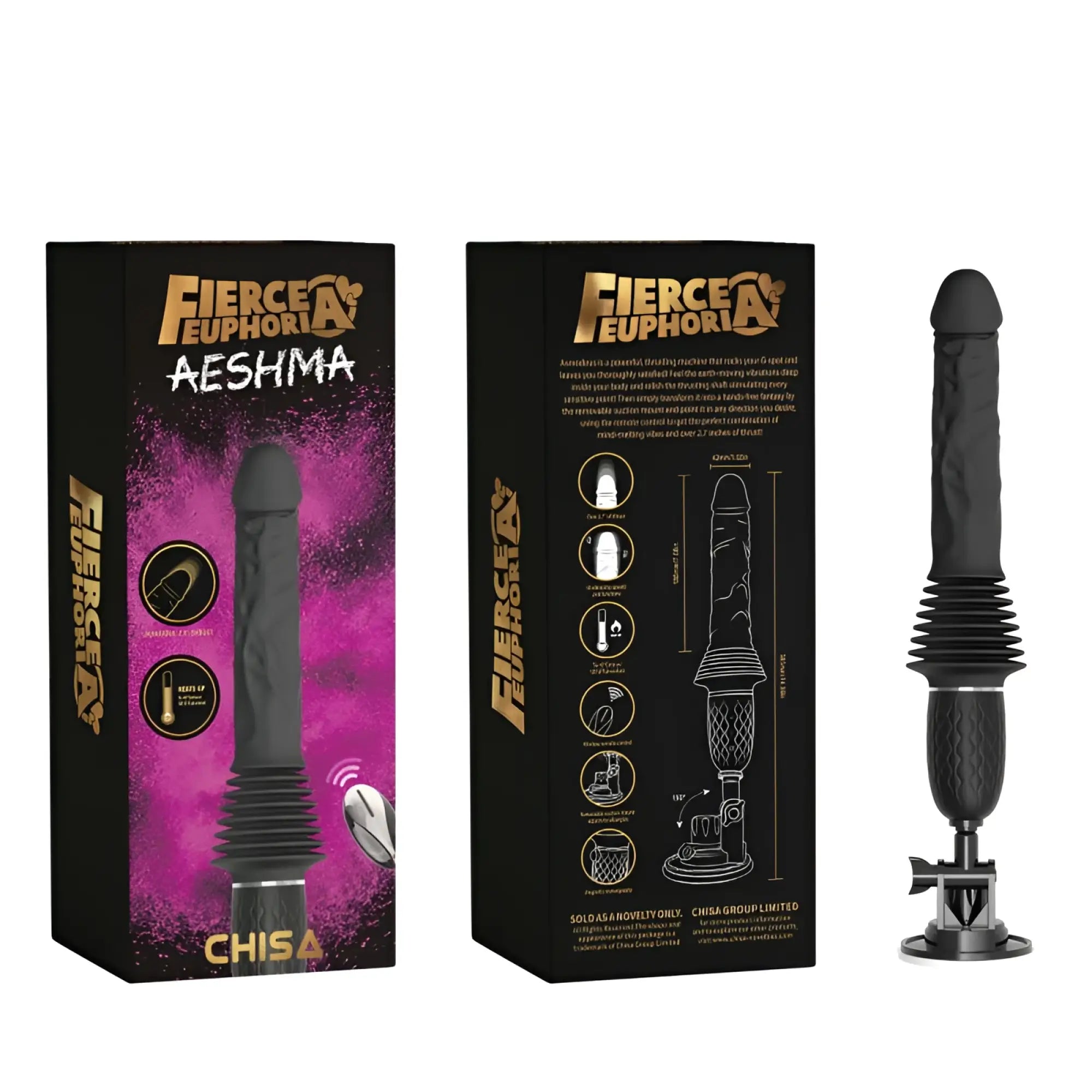 Black textured silicone and metal base fierce euphoria aeshma mountable remote heating thrust machine with ribbed grip