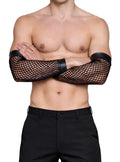 Black fishnet arm band with leather cuffs featuring fishnet material and black leather wrist straps for edgy style