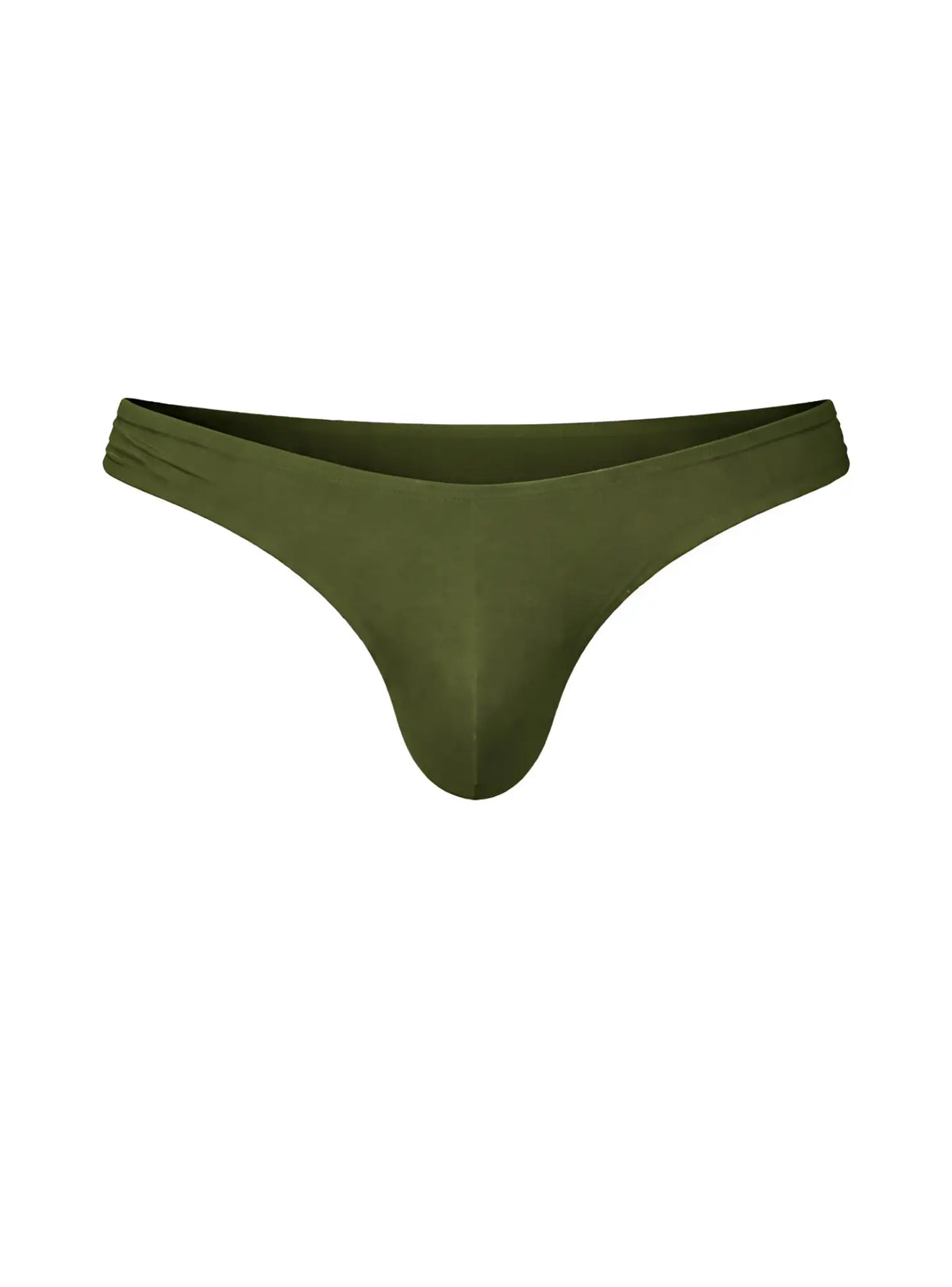Olive green fizx full coverage menâ€™s bikini thong made of smooth stretchy fabric with a gathered waistband back view