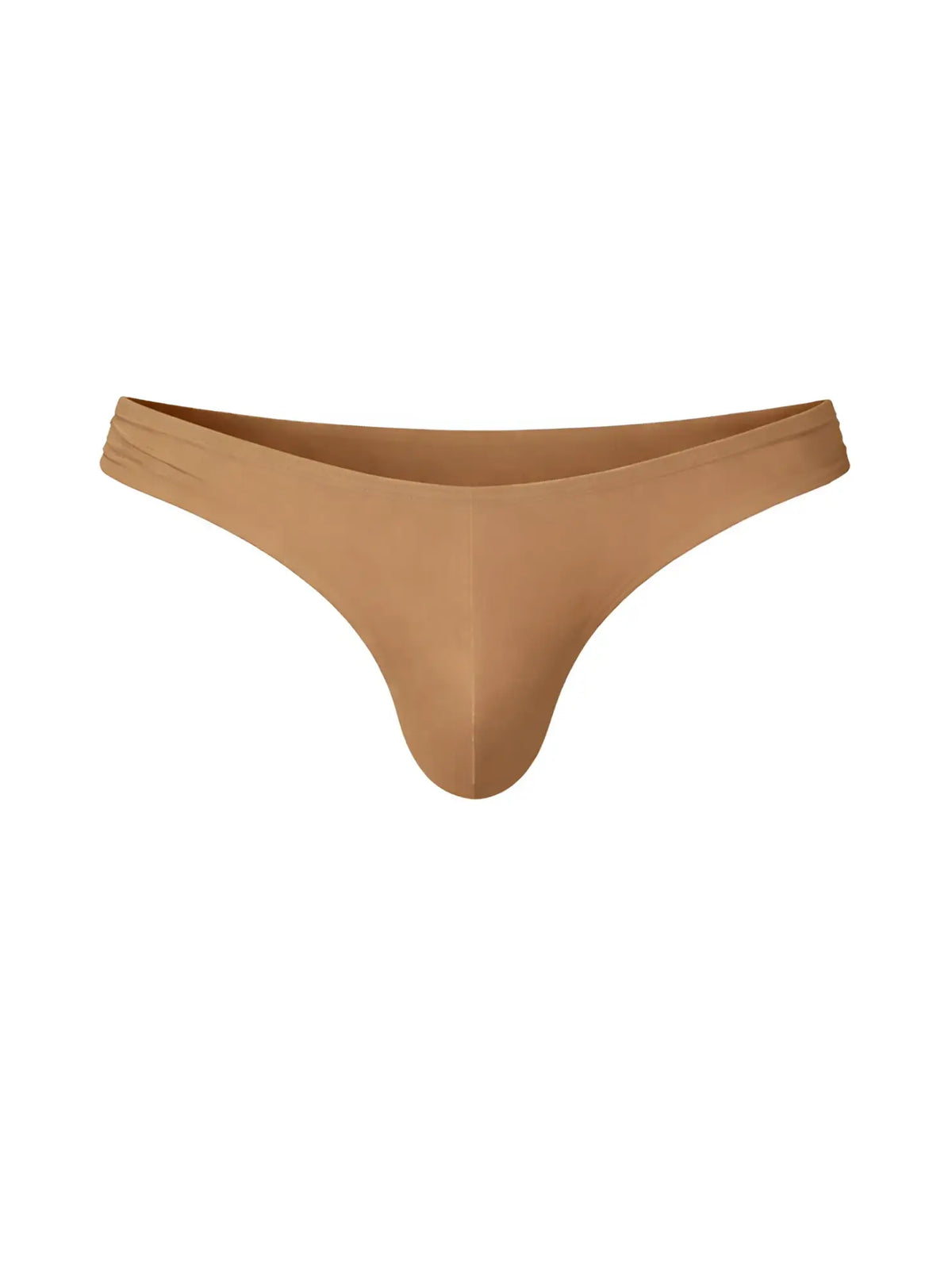 Tan seamless thong made of smooth stretchy fabric showing back view in fizx full coverage menâ€™s bikini