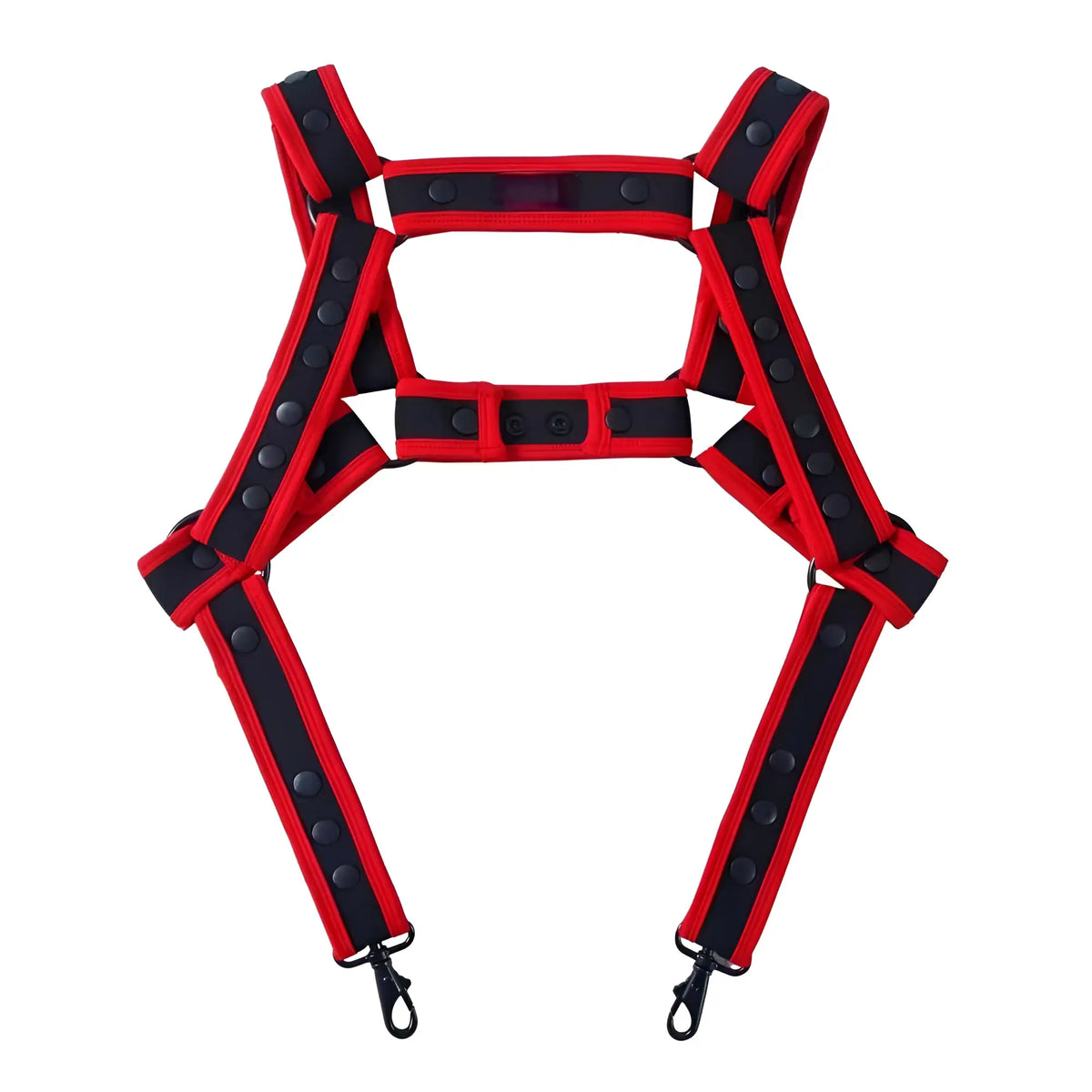 Red and black reflective Fizx harness with adjustable straps and metal hooks for safety and secure support