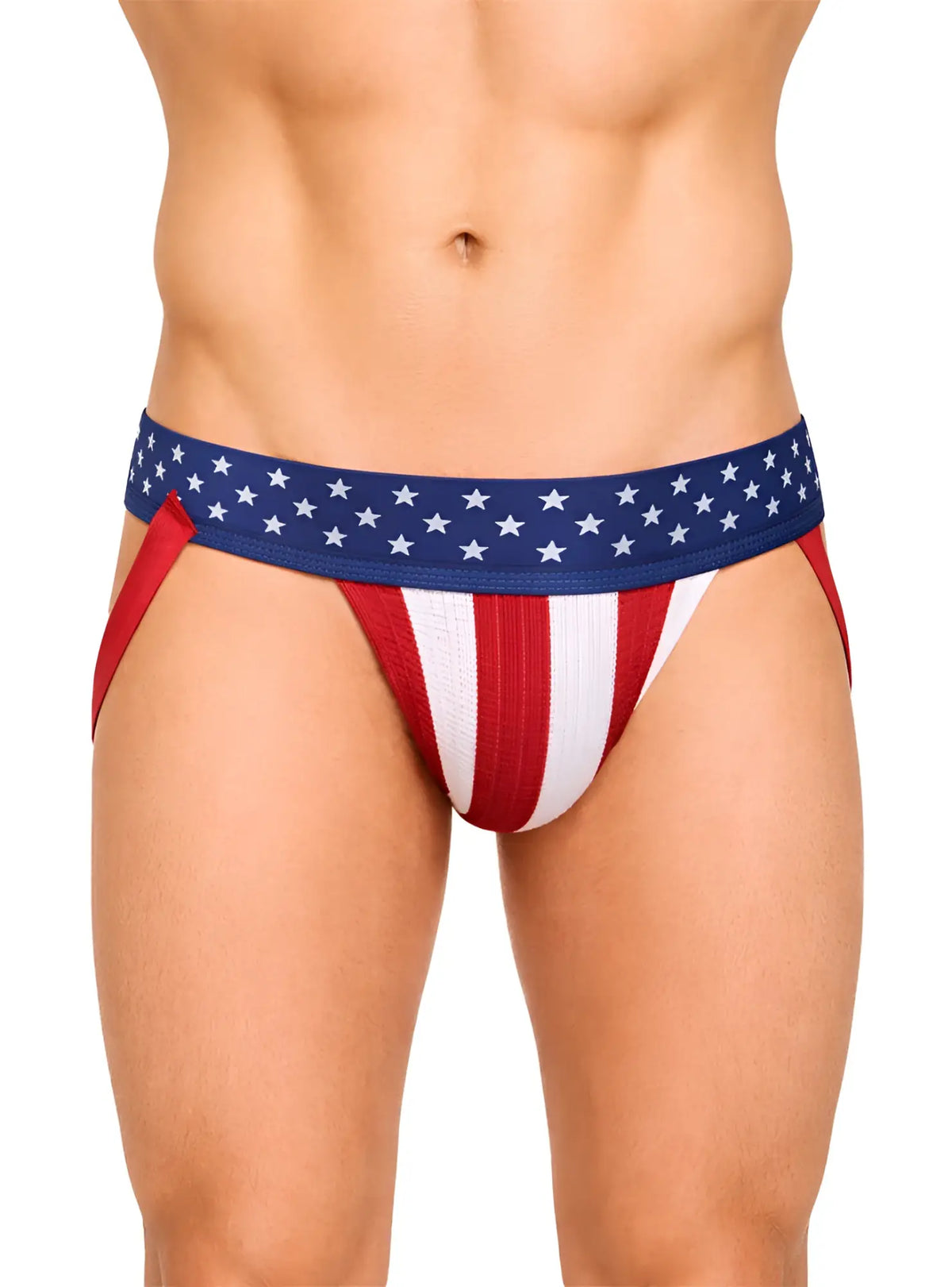 Fizx james knit jockstrap in red white and blue with striped body and star patterned waistband