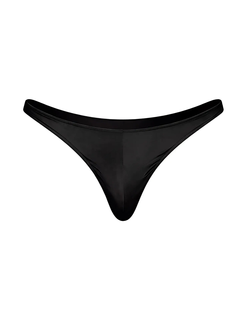 Black satin Fizx Rayon thong with a smooth glossy finish and narrow waistband shown from the back side