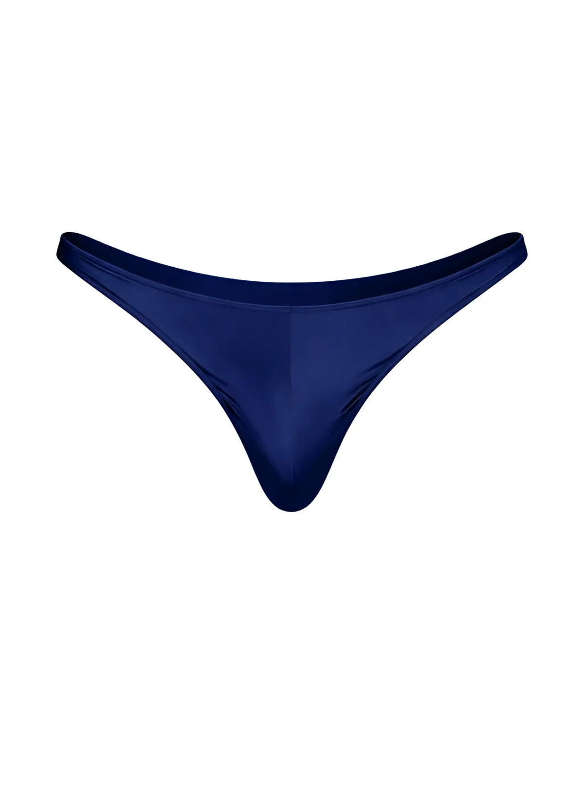 Deep navy blue fizx rayon thong swim trunks with a sleek, satin-like finish and form-fitting design