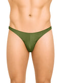Olive green fizx rayon thong made of smooth stretchy fabric with sleek minimalist design shown from the back