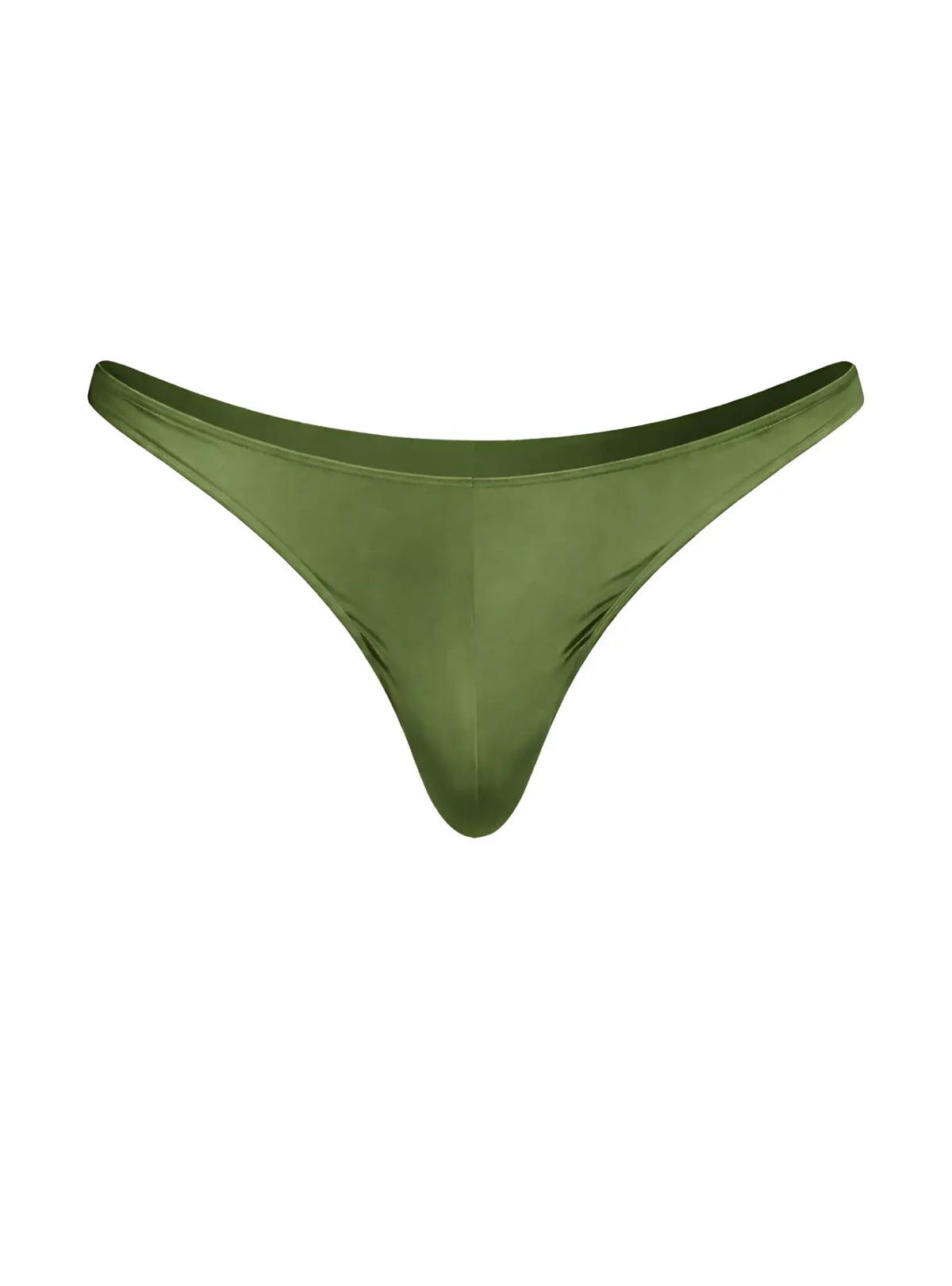 Olive green satin rayon thong with smooth glossy finish and minimalistic design by fizx shown from front