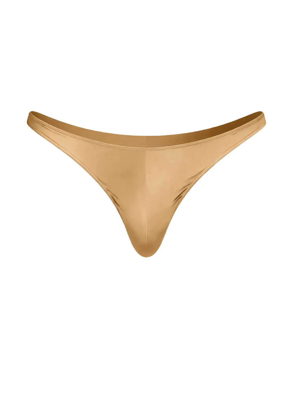 A sleek gold-colored Fizx rayon thong made of smooth shiny fabric with a minimalist design shown from the back