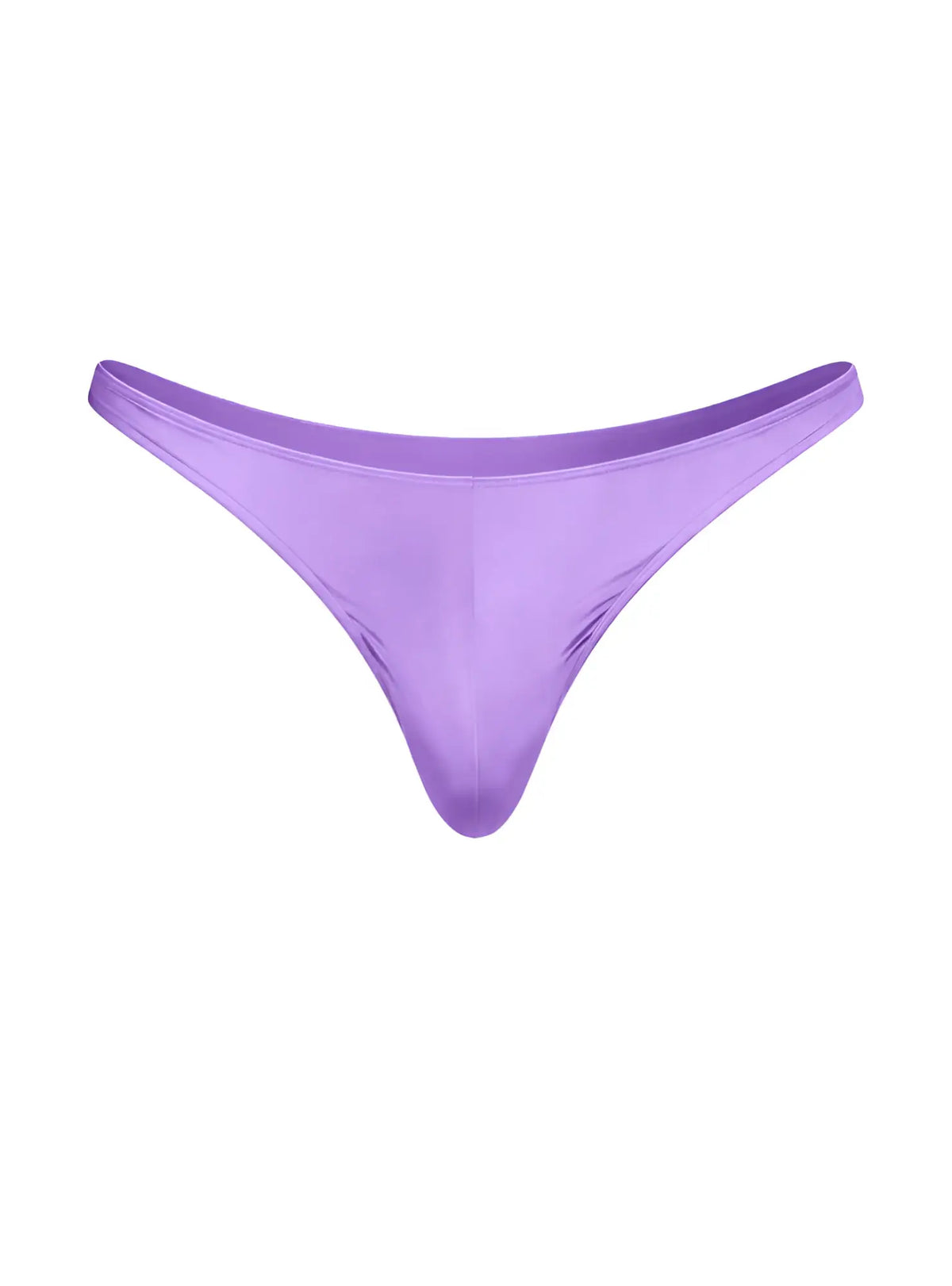 Fizx rayon thong in sleek solid lavender satin fabric with a minimalist design showing the front side