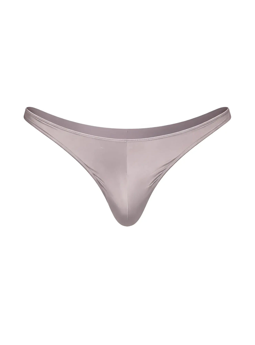 A sleek taupe fizx rayon thong made of smooth satin fabric with a minimalist design showing the back side