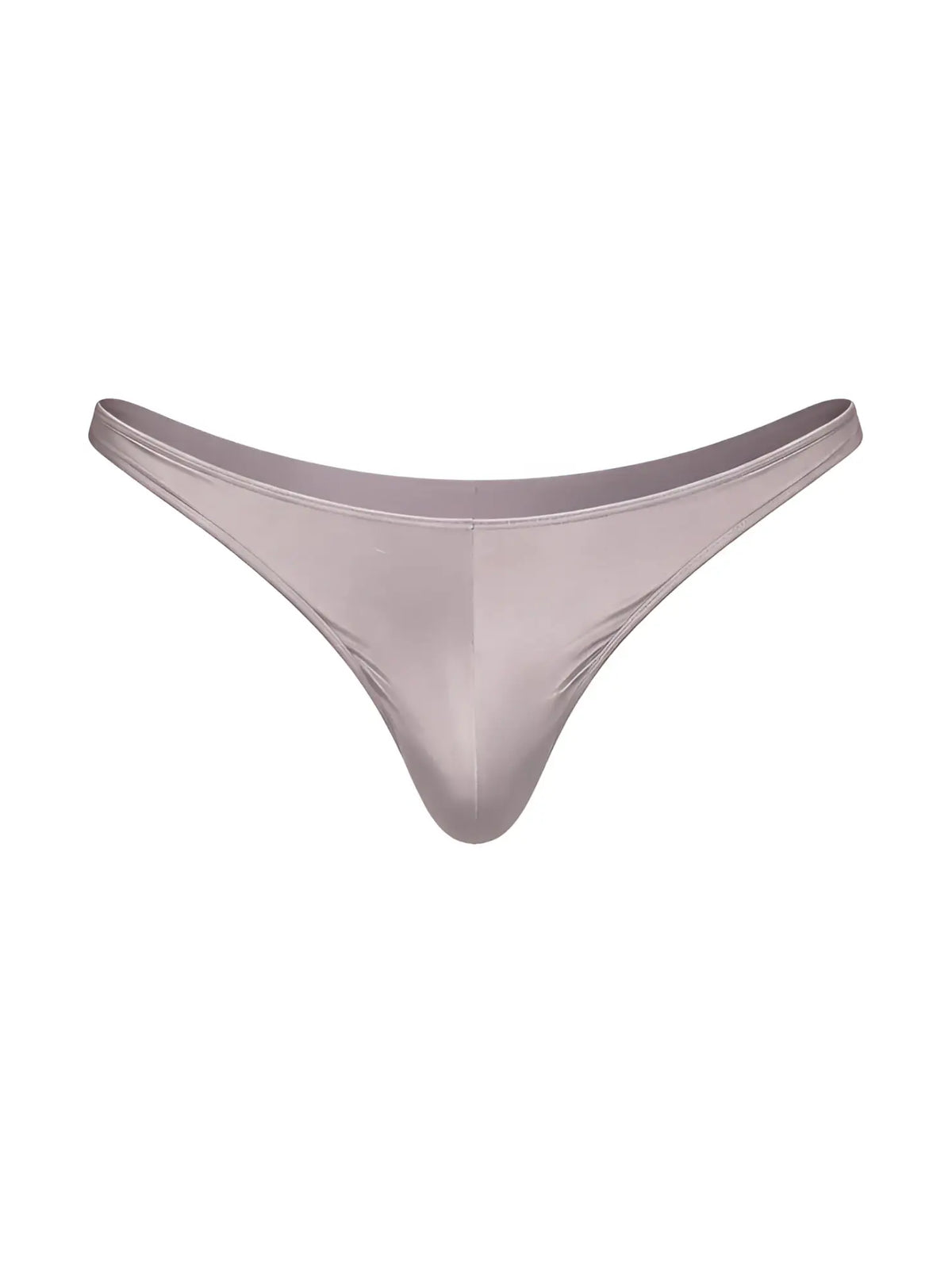 A sleek taupe fizx rayon thong made of smooth satin fabric with a minimalist design showing the back side