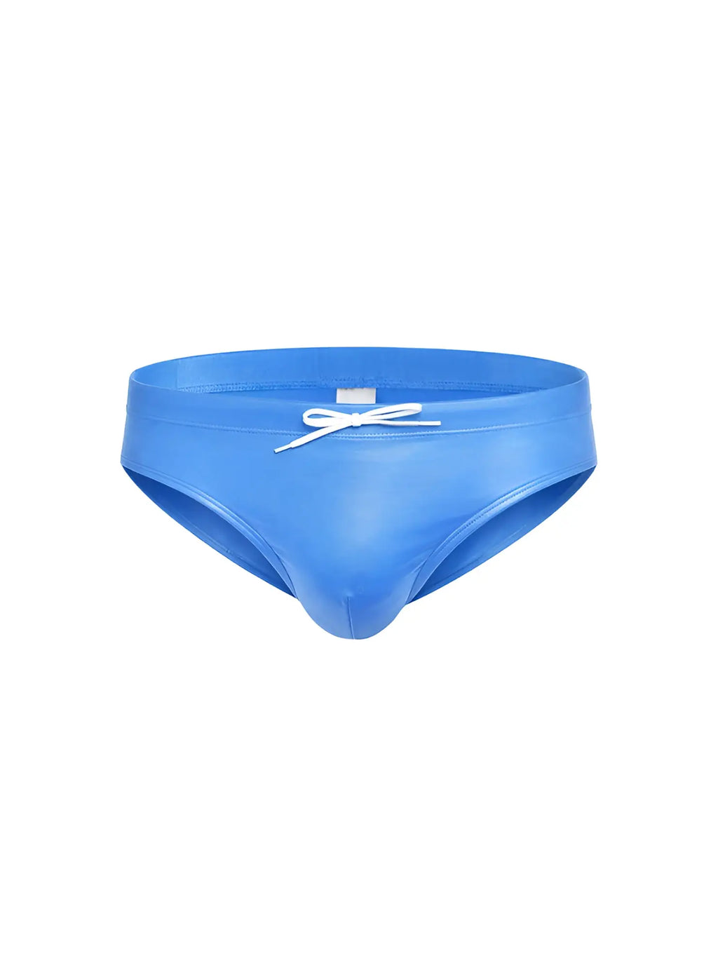 Bright blue glossy fizx swim bikini swim trunks with white drawstring bow and removable push pad at the waist