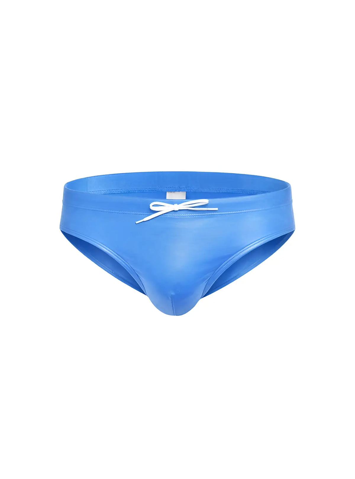 Bright blue glossy fizx swim bikini swim trunks with white drawstring bow and removable push pad at the waist