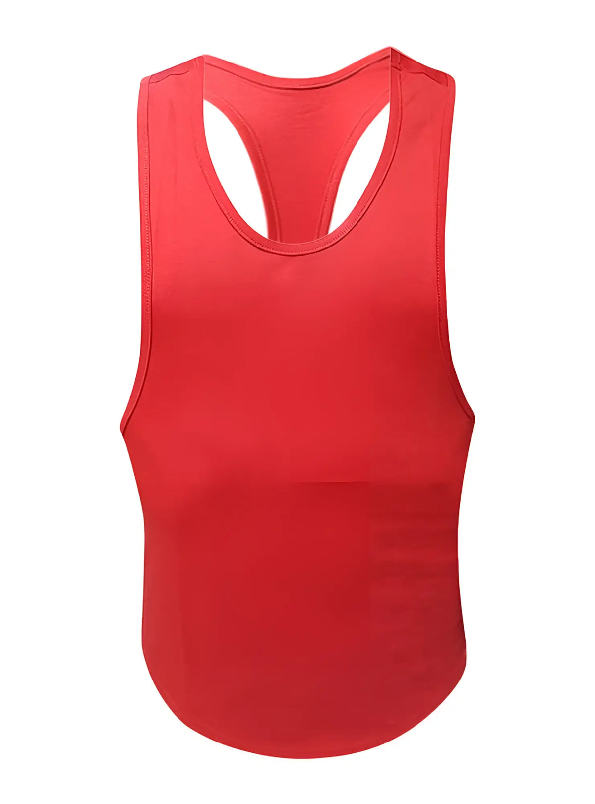 A vibrant red fizx tank top with smooth form-fitting fabric and curved hemline shown from the back side