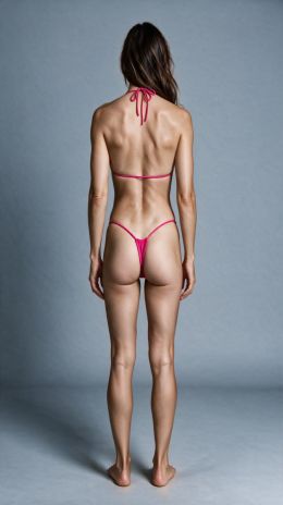 A woman stands with her back to the camera wearing a bright pink string bikini against a plain gray studio background.
