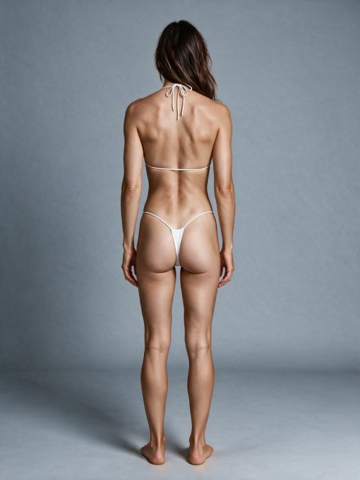 A woman stands with her back to the camera wearing a very minimal white string bikini against a plain gray studio background.