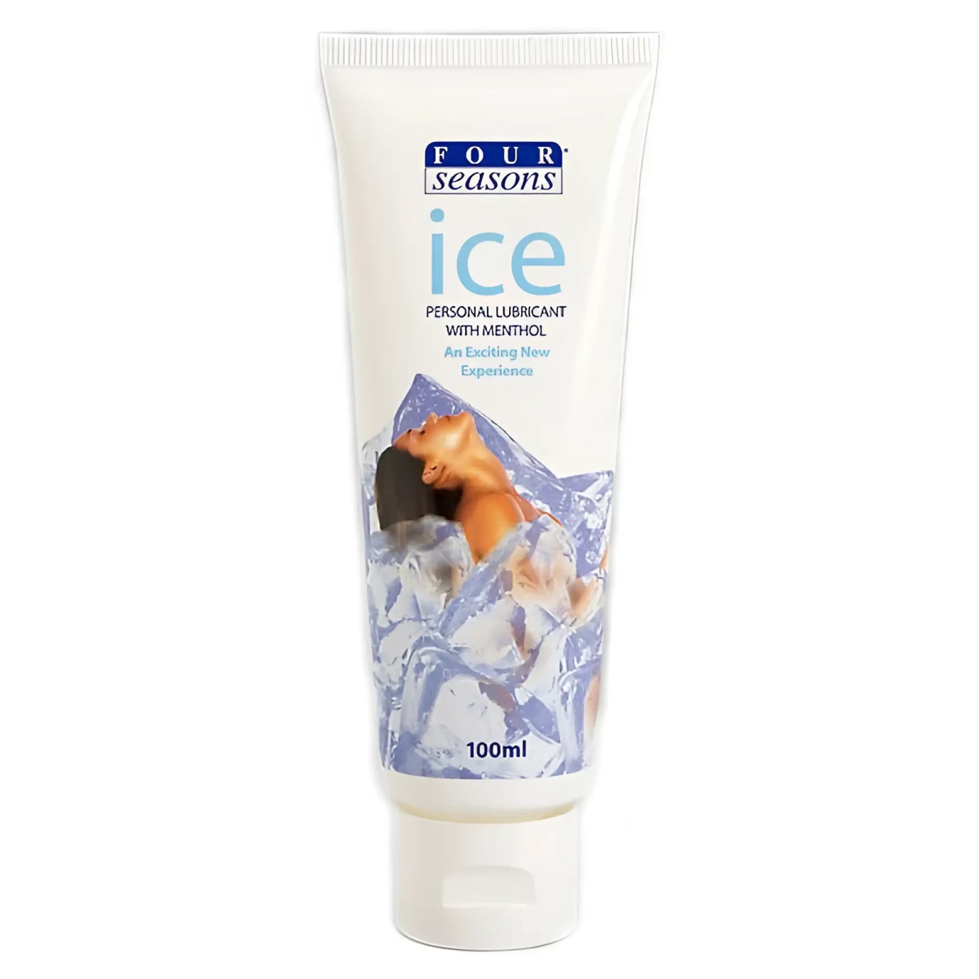 White tube of four seasons ice personal lubricant with menthol featuring blue and white icy design 100ml