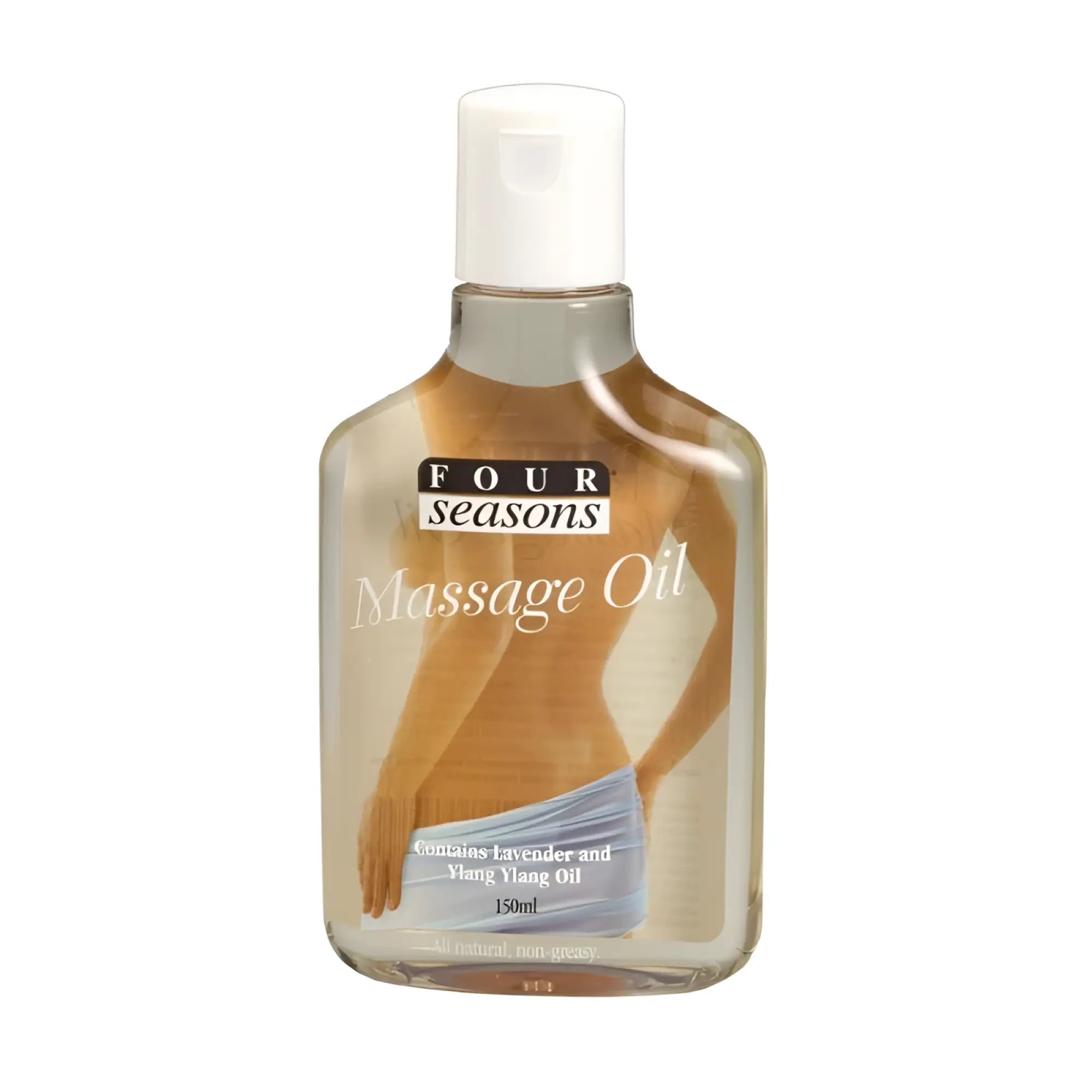 Clear plastic bottle of four seasons massage oil 150ml with white cap and torso image label visible on front