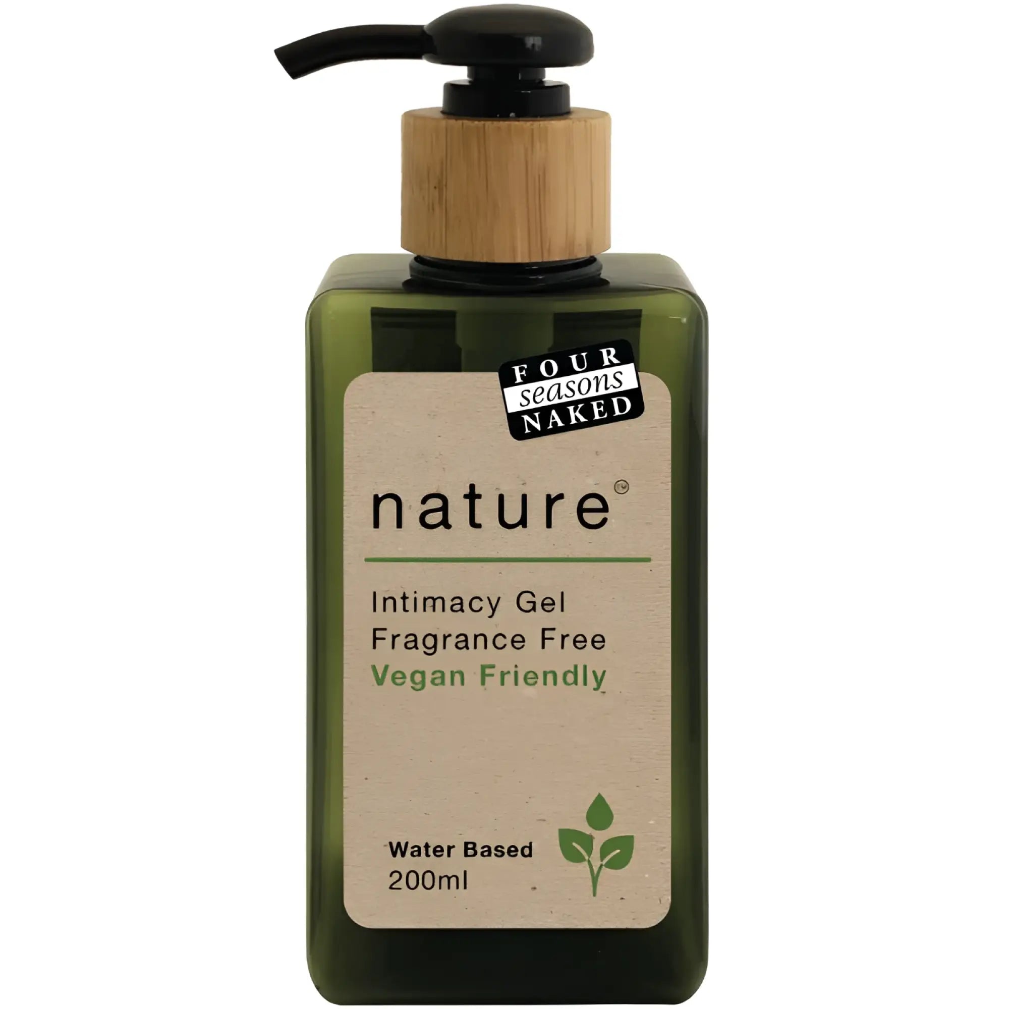 Green rectangular bottle of four seasons naked nature intimate lube 200ml with bamboo pump dispenser