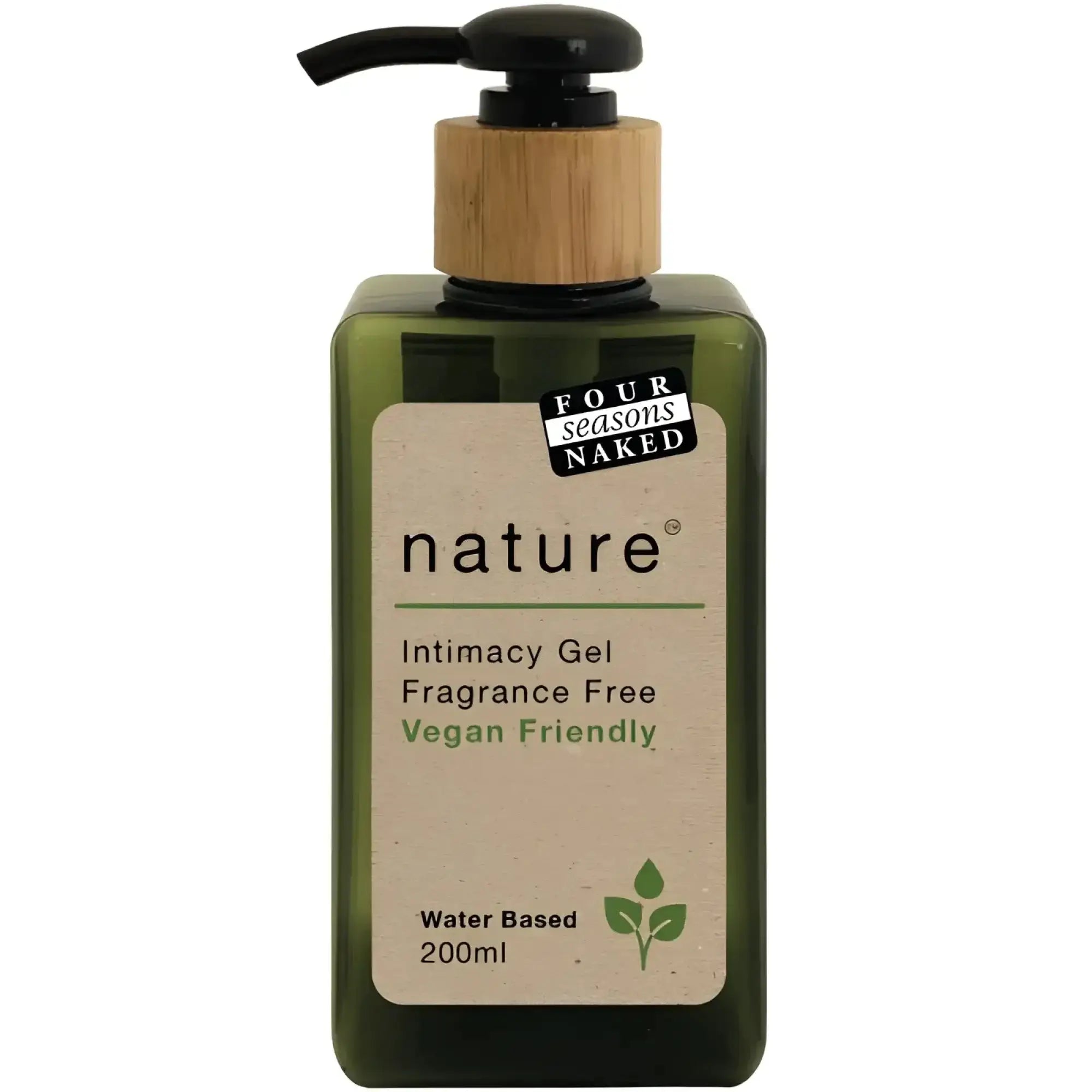 Green rectangular bottle of four seasons naked nature intimate lube 200ml with bamboo pump dispenser