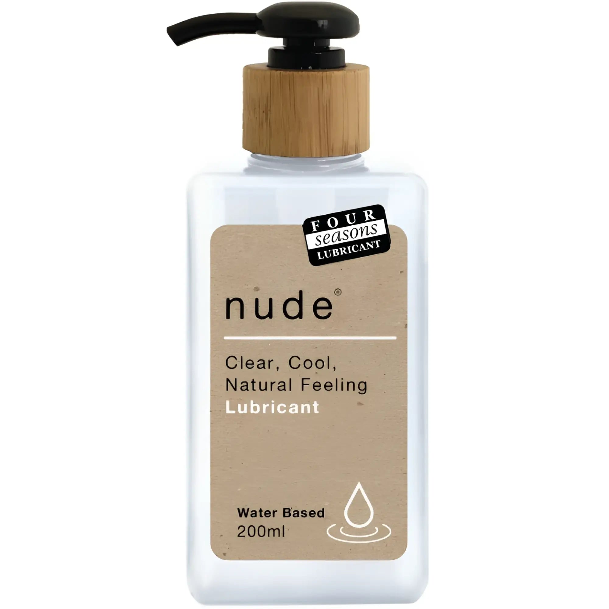 Four seasons nude water based lube 200ml in a clear rectangular bottle with bamboo pump and brown minimalist label