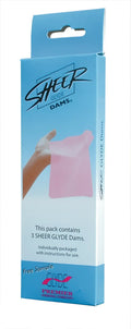 Pink sheer glide dams in blue packaging from four seasons oral sheer dam 3 pc mixed flavours pack