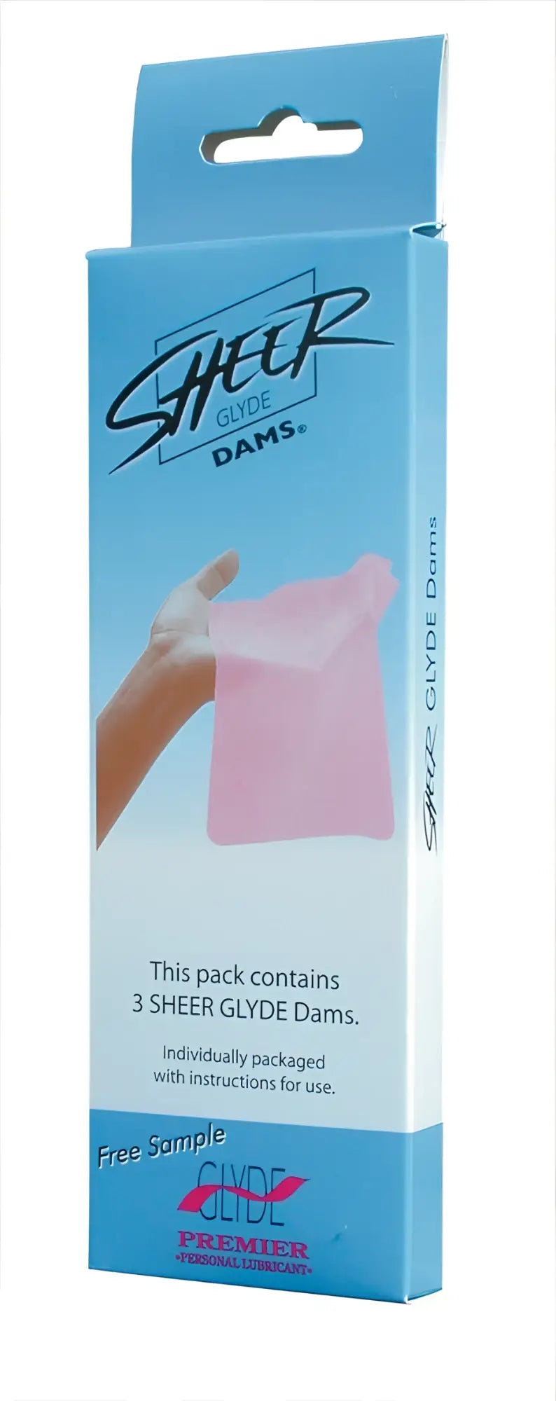 Pink sheer glide dams in blue packaging from four seasons oral sheer dam 3 pc mixed flavours pack