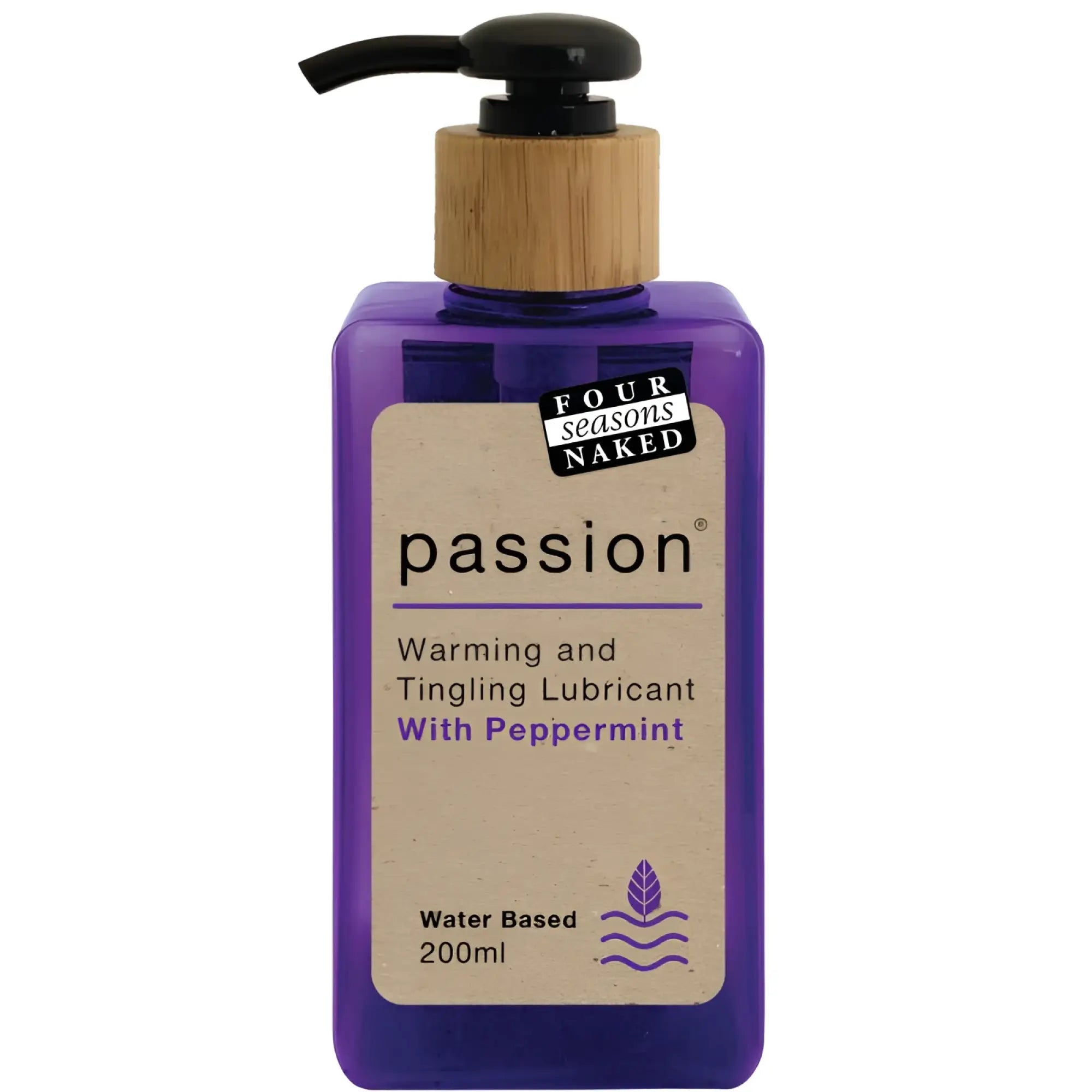 Purple rectangular bottle of four seasons passion peppermint warming and tingling lubricant with bamboo pump dispenser