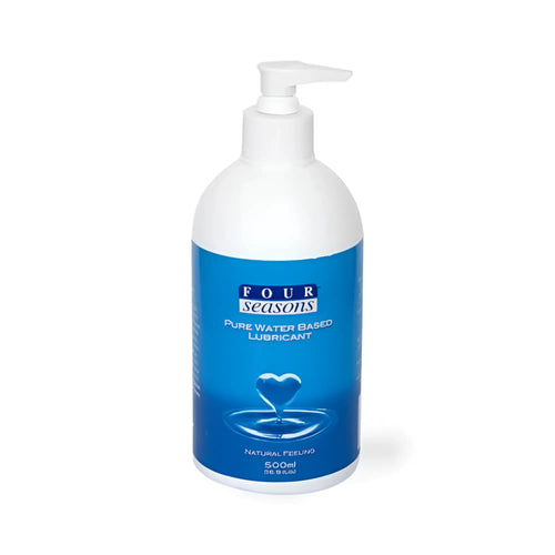 White plastic bottle with blue label of Four Seasons pure water-based lubricant 500ml featuring heart-shaped droplet design