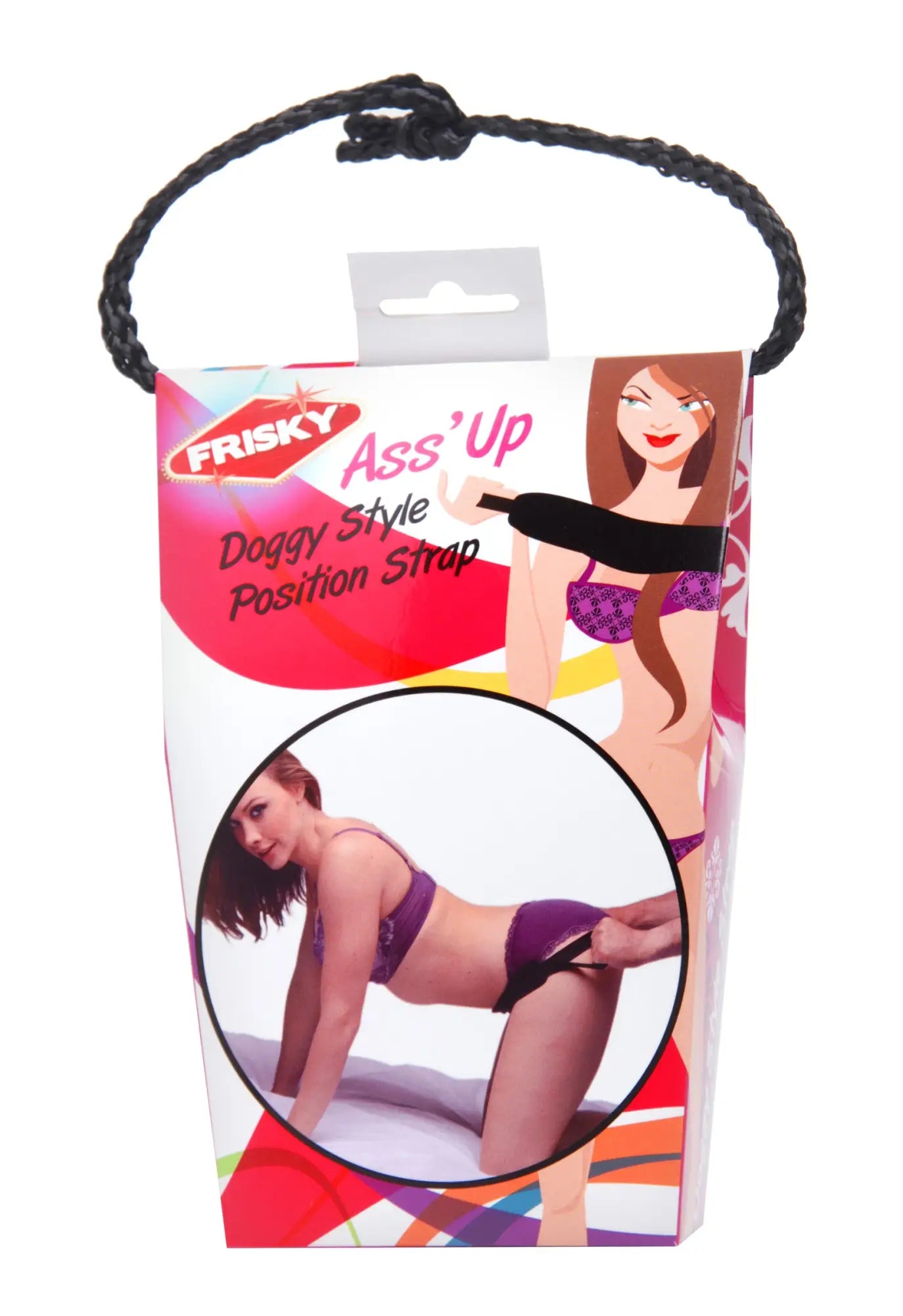 Frisky ass up doggie style position strap with black braided strap and black elastic band in colorful frisky box