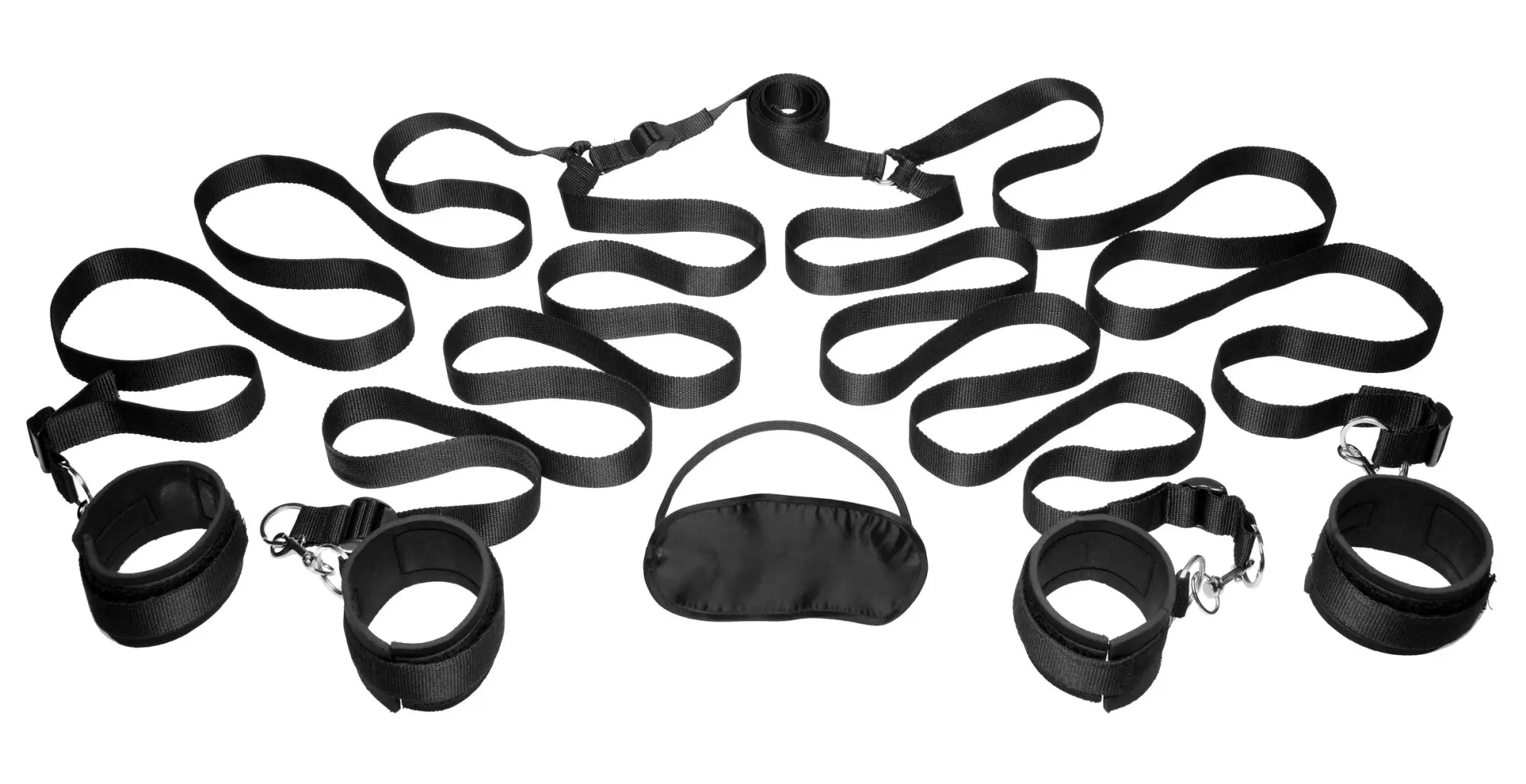 Black fabric bondage gear set with adjustable straps cuffs and blindfold frisky bedroom restraint kit black