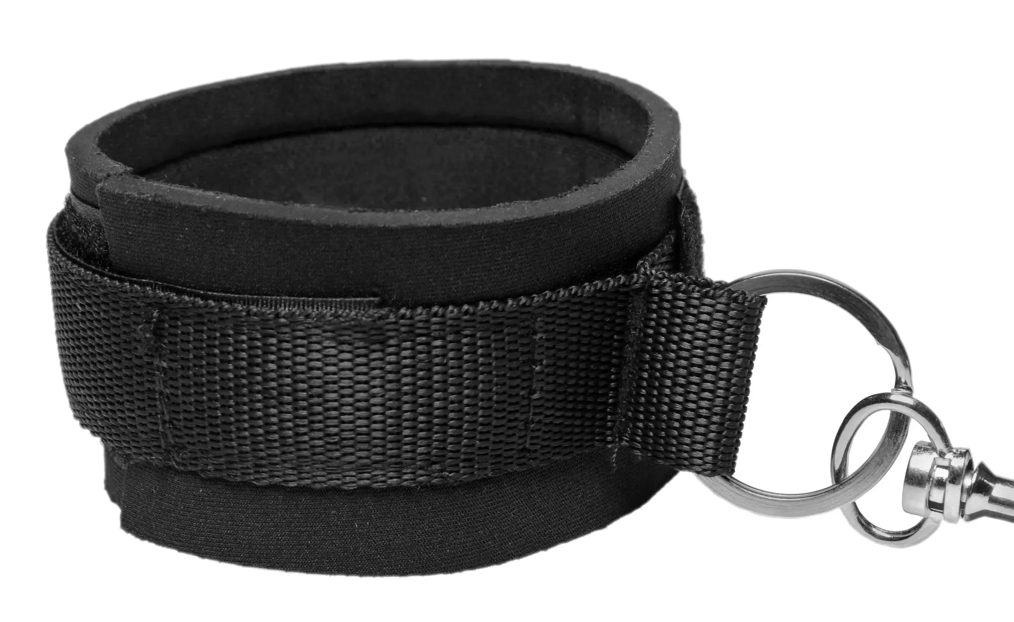Black fabric wrist cuff with metal key ring attachment from frisky bedroom restraint kit black for secure restraint