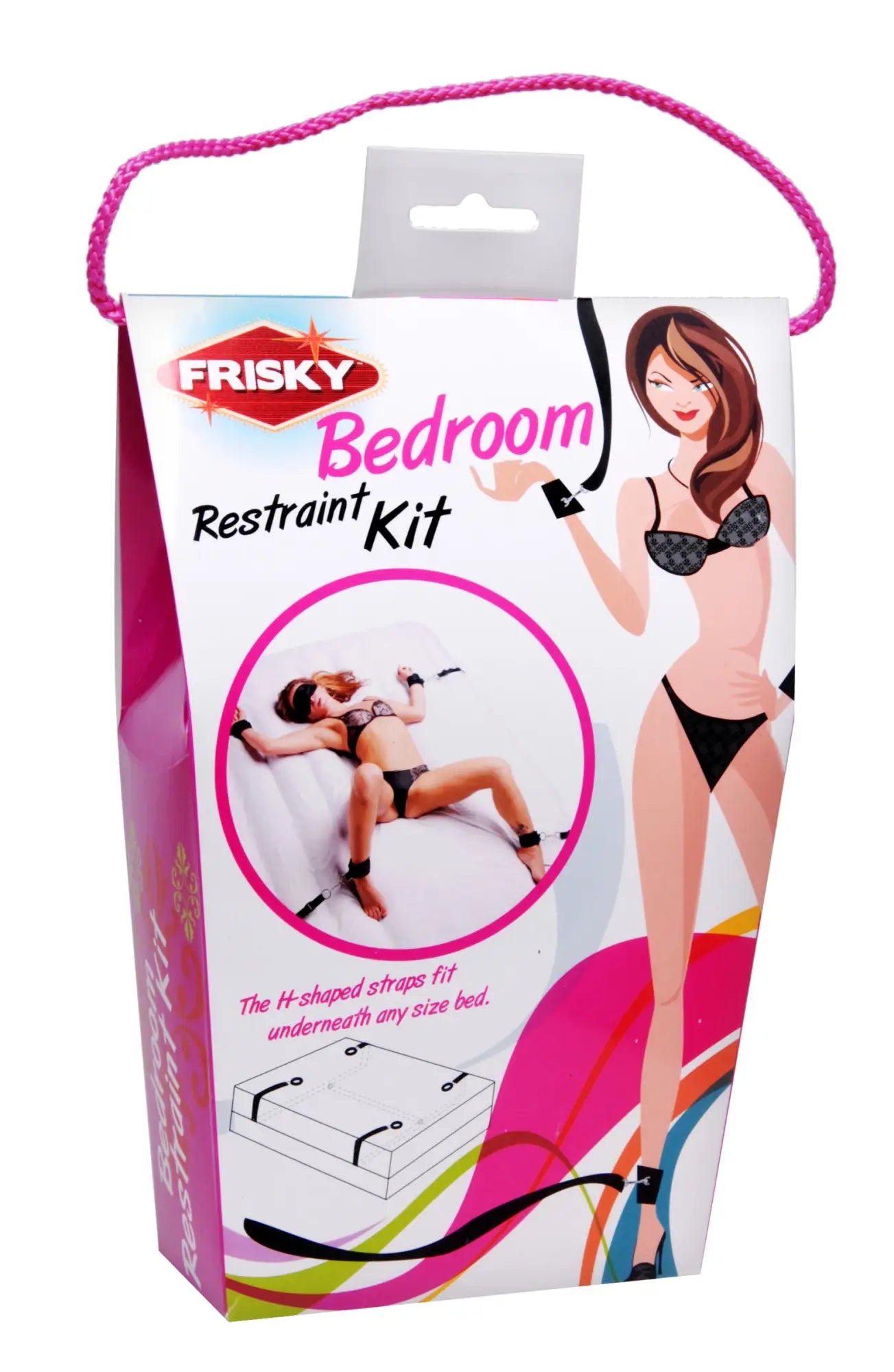 Frisky bedroom restraint kit black with pink and white packaging featuring h-shaped black lingerie straps illustration