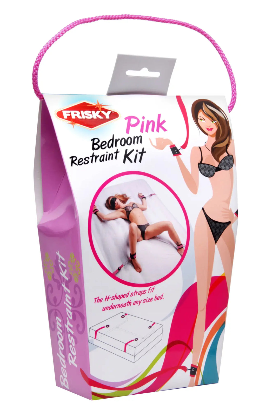 Pink frisky bedroom restraint kit in vibrant pink and white packaging with illustrated graphics for intimate use