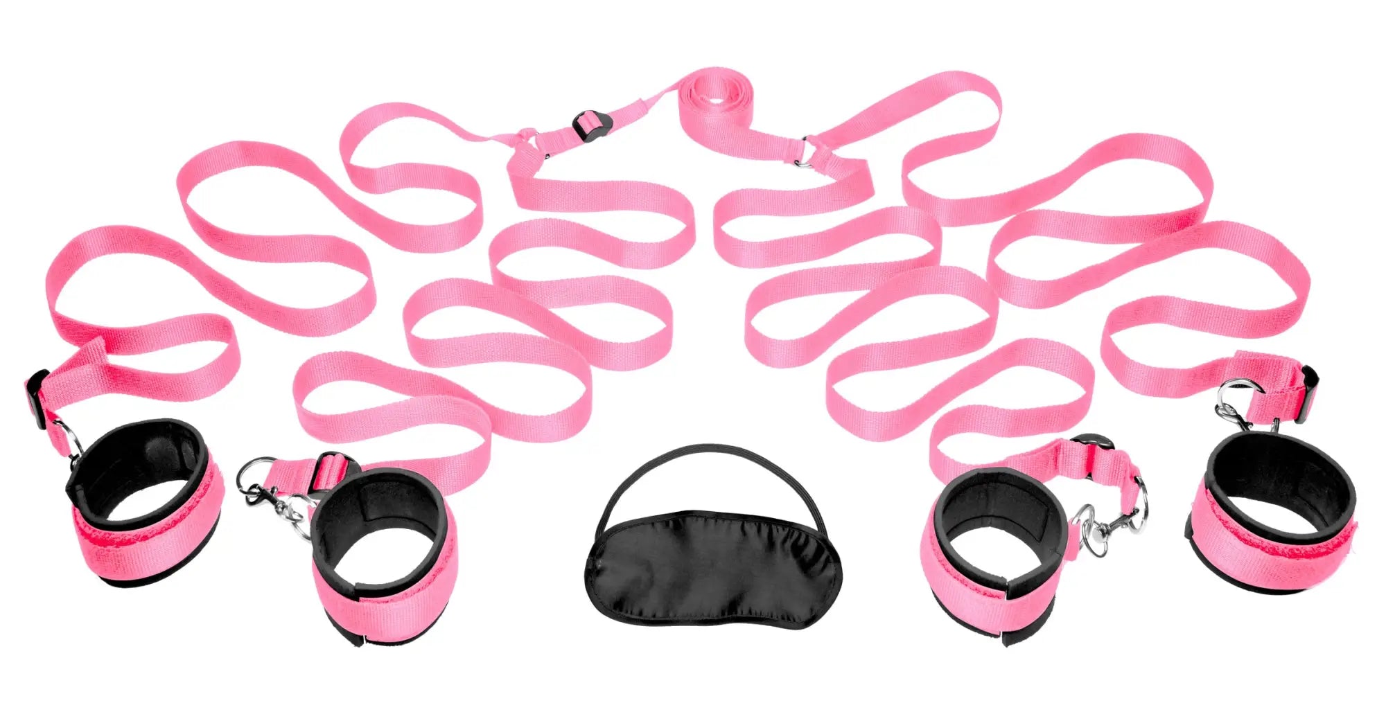 Pink satin bondage kit with black accents and metal hardware for frisky bedroom restraint play