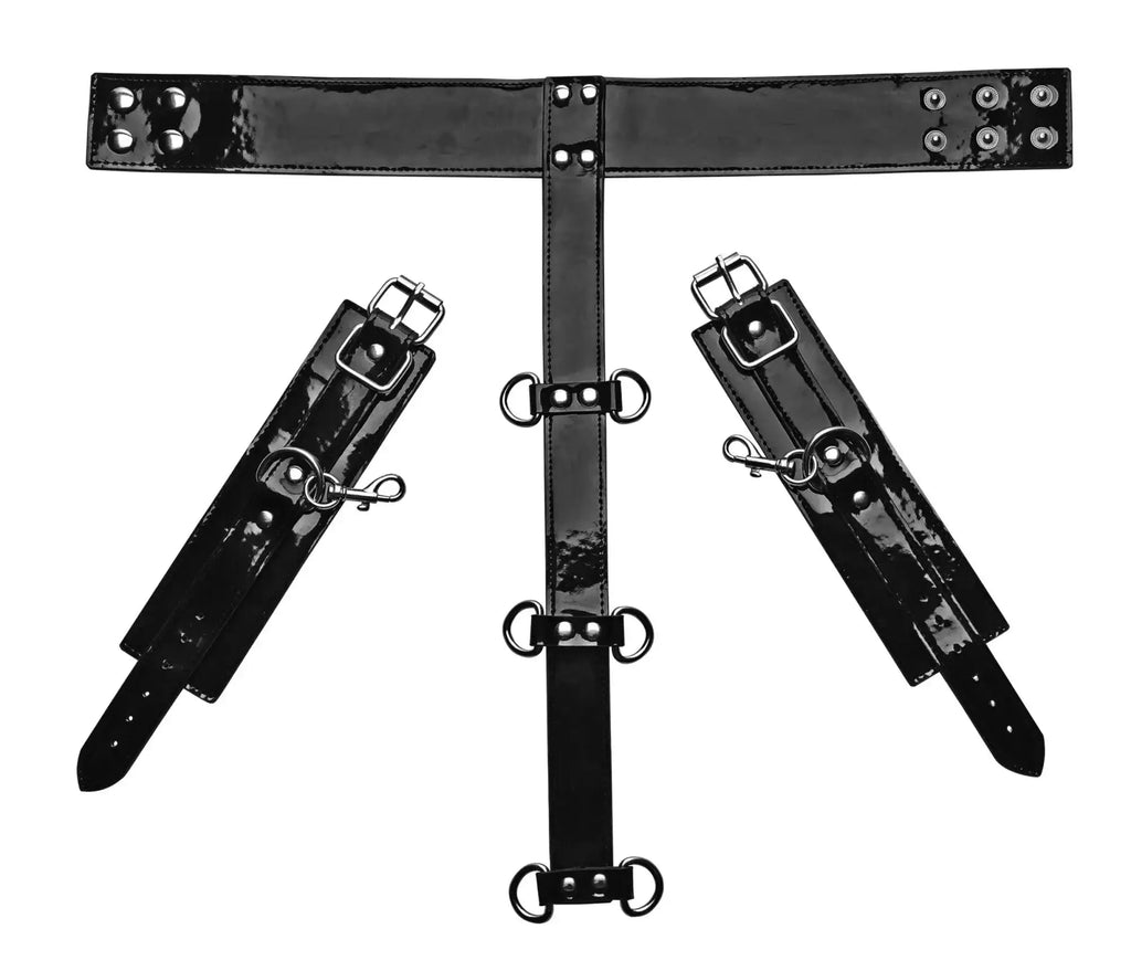 Black patent leather bondage set frisky bound around neck to wrist restraints with silver hardware and adjustable straps