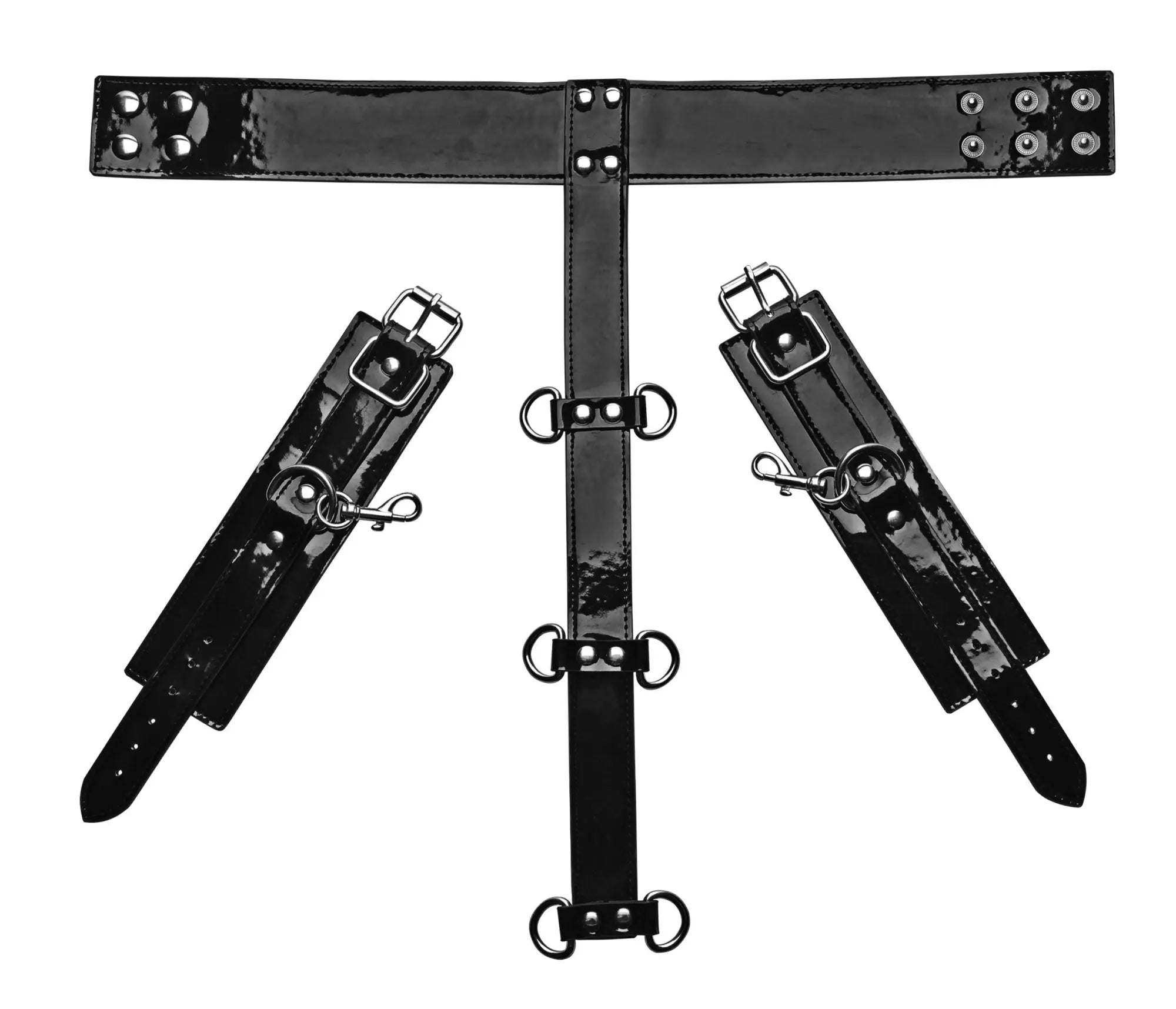 Black patent leather bondage set frisky bound around neck to wrist restraints with silver hardware and adjustable straps