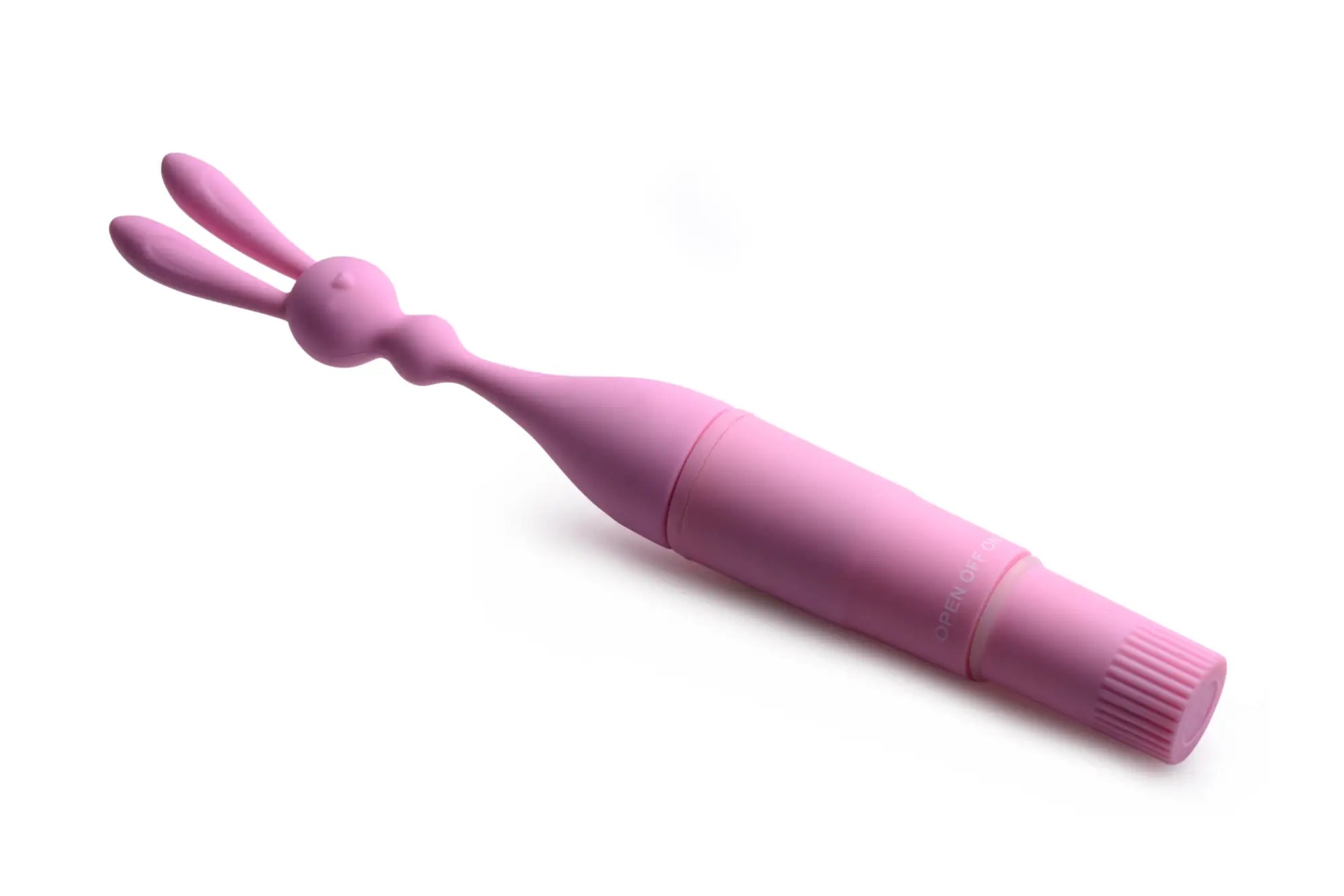 Pink silicone rabbit-shaped frisky bunny rocket vibrator with textured grip and smooth rounded contours for pleasure